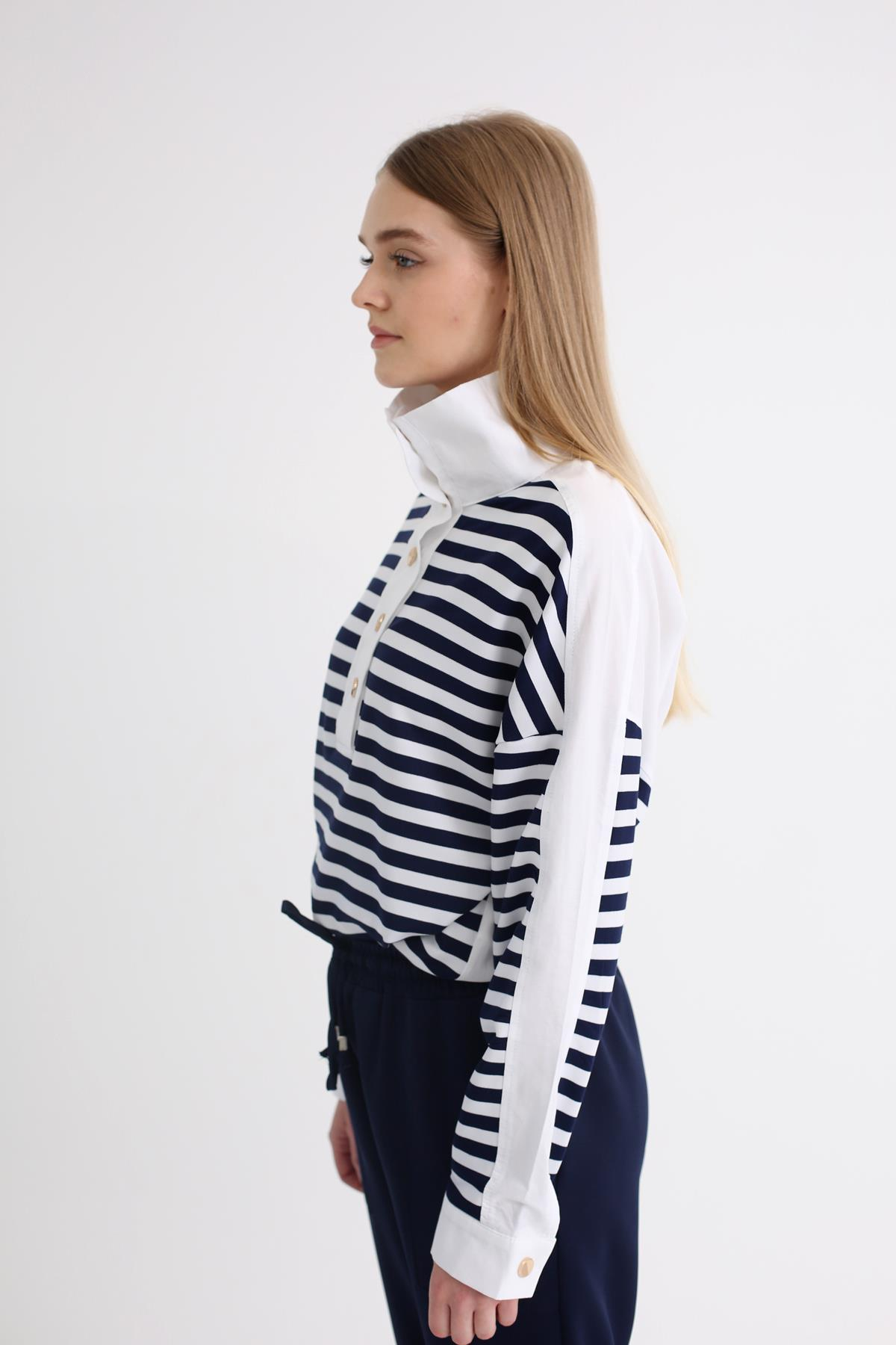 Lacivert Yakalı Çizgili Sweatshirt 23029