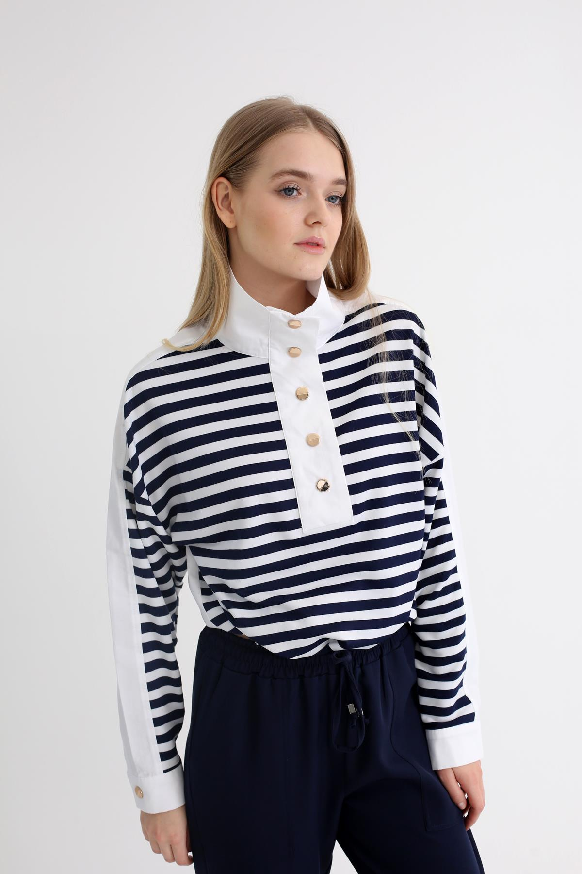 Lacivert Yakalı Çizgili Sweatshirt 23029