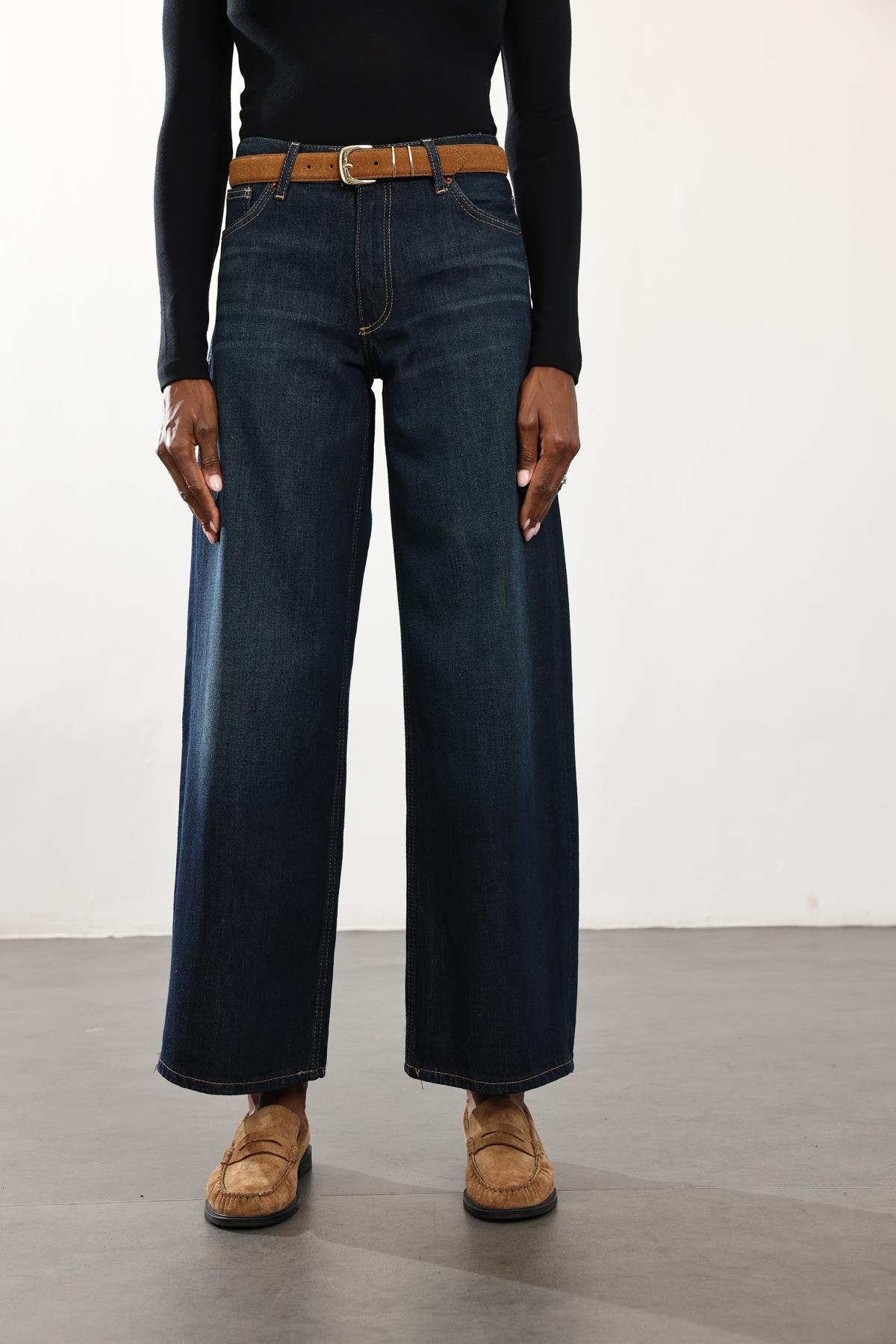 Lacivert Yıkamalı Wide Leg Jean 