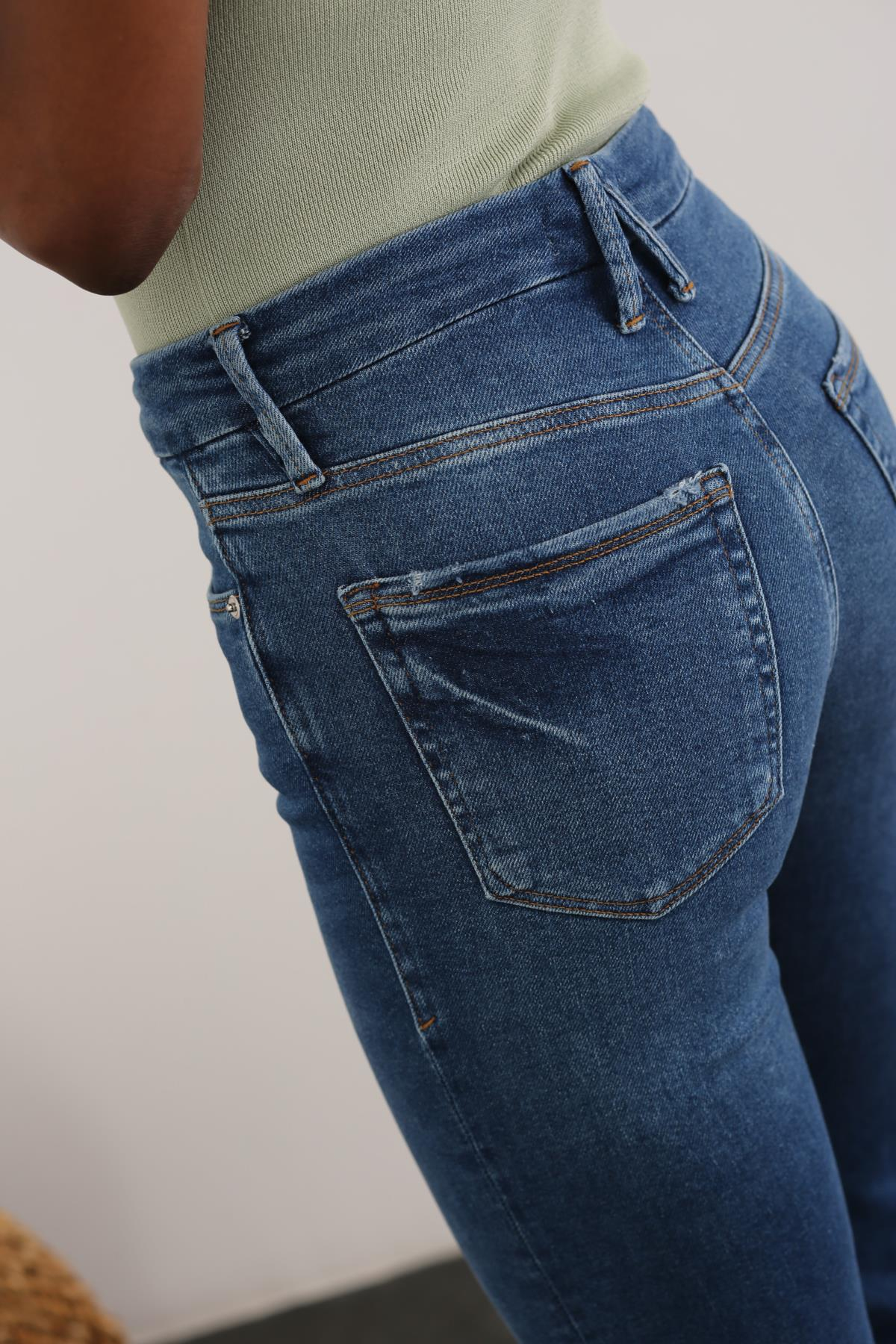 Lacivert Yüksek Bel Boru Paça Jean 