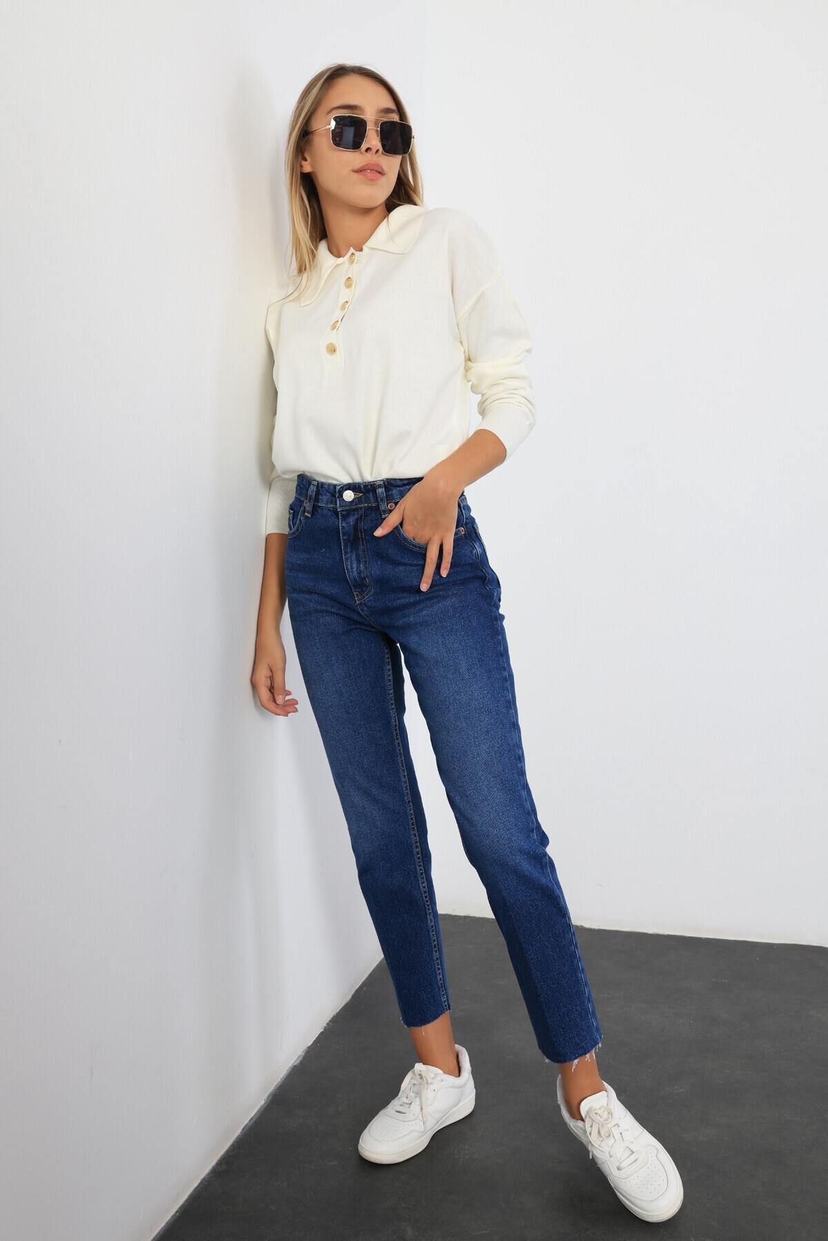 Lacivert Yüksek Bel Cropped Jean 487