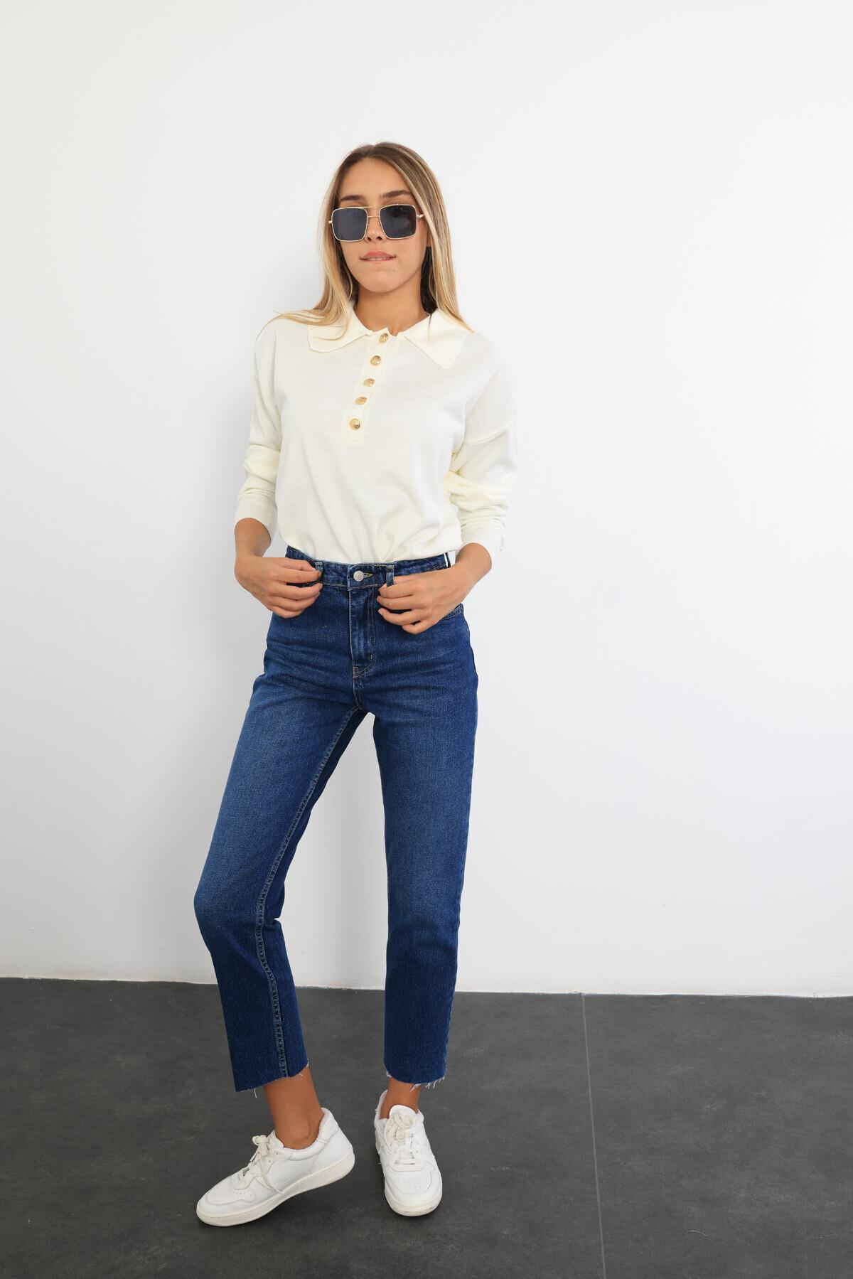 Lacivert Yüksek Bel Cropped Jean 487