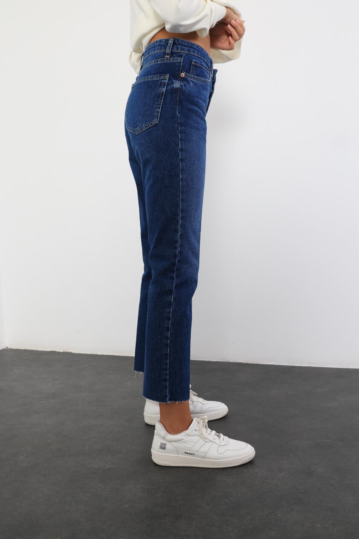 Lacivert Yüksek Bel Cropped Jean 487