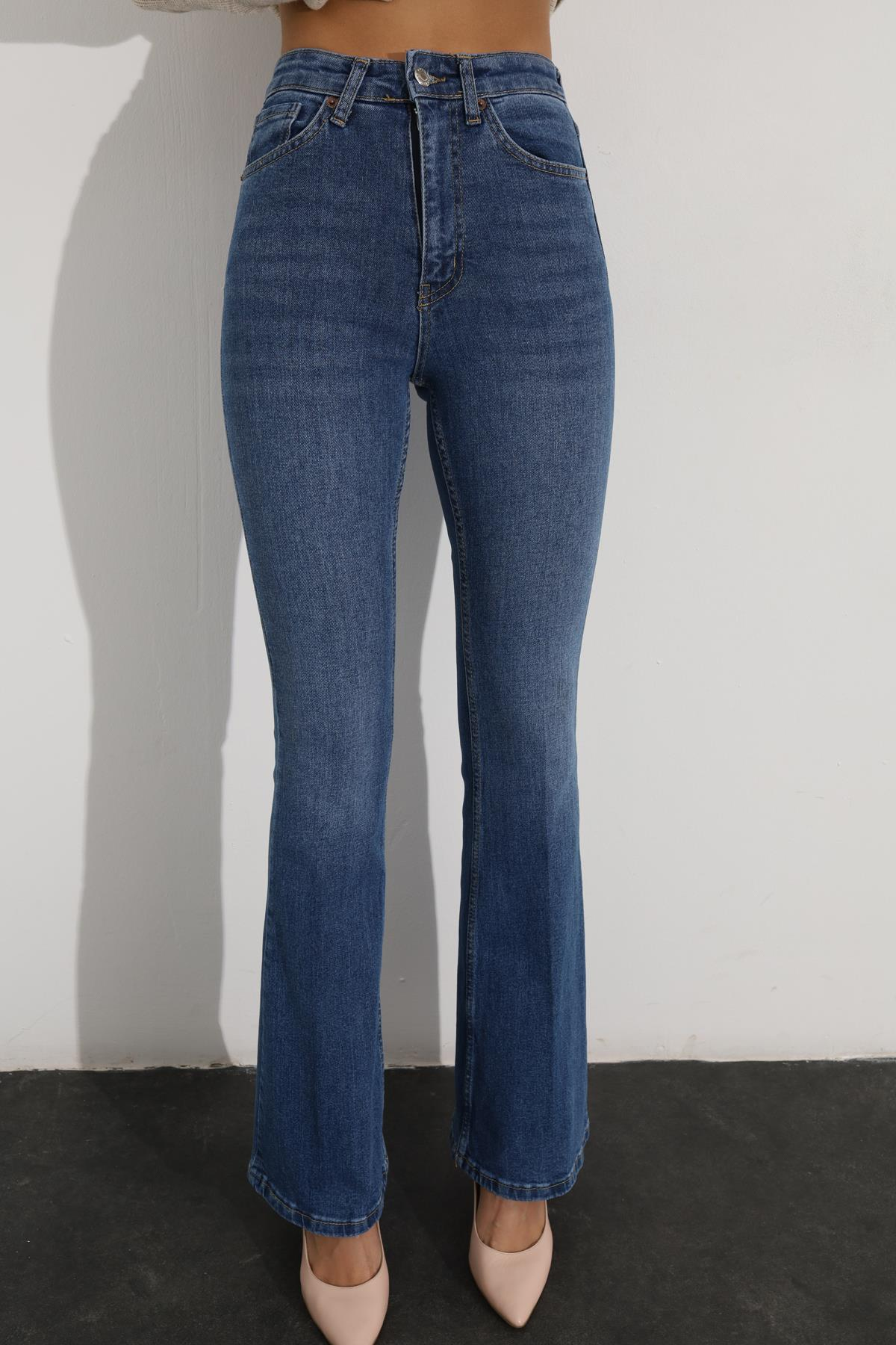Lacivert Yüksek Bel İspanyol Paça Jean 2106