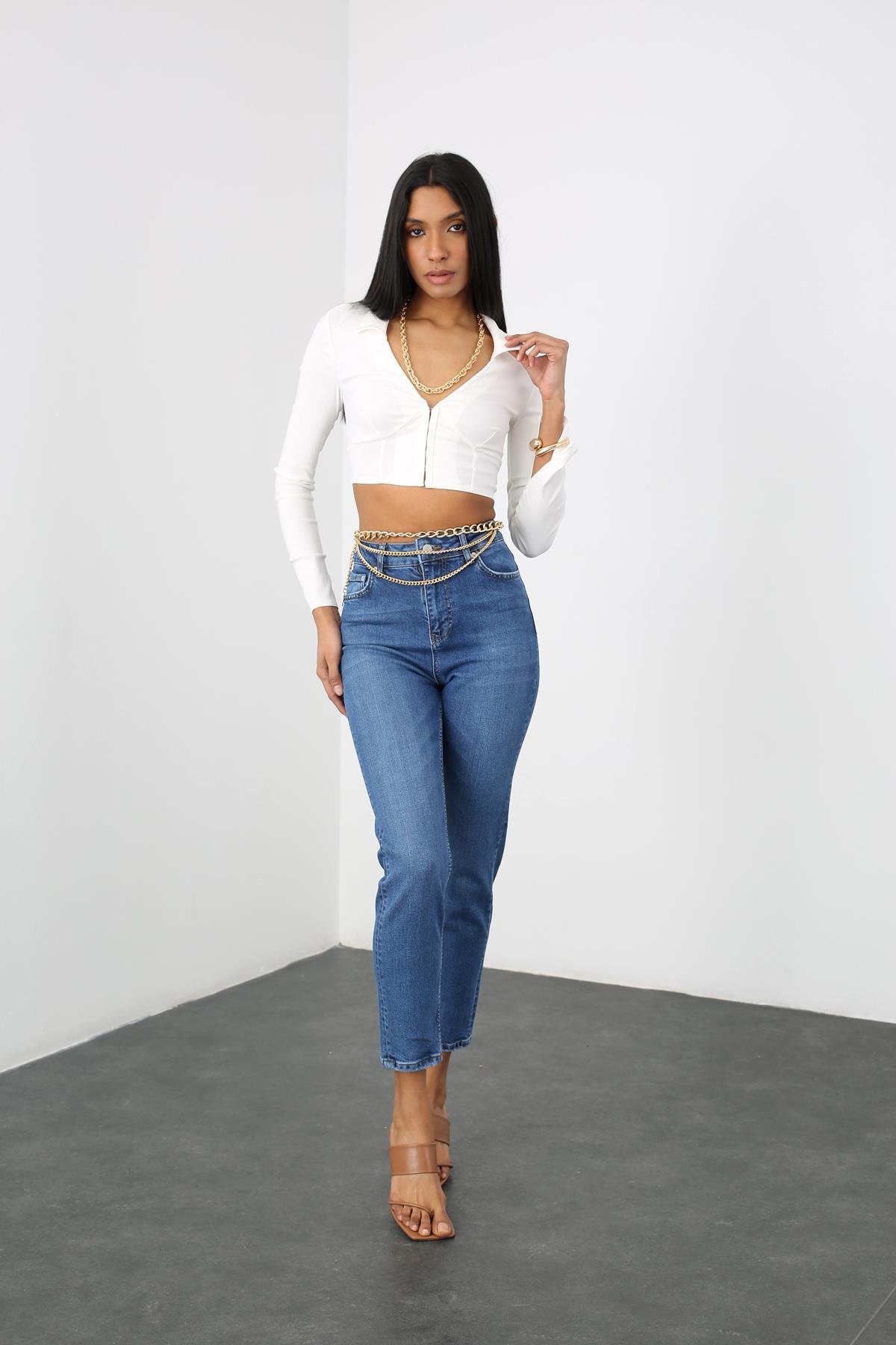 Lacivert Yüksek Bel Mom Fit Jean 