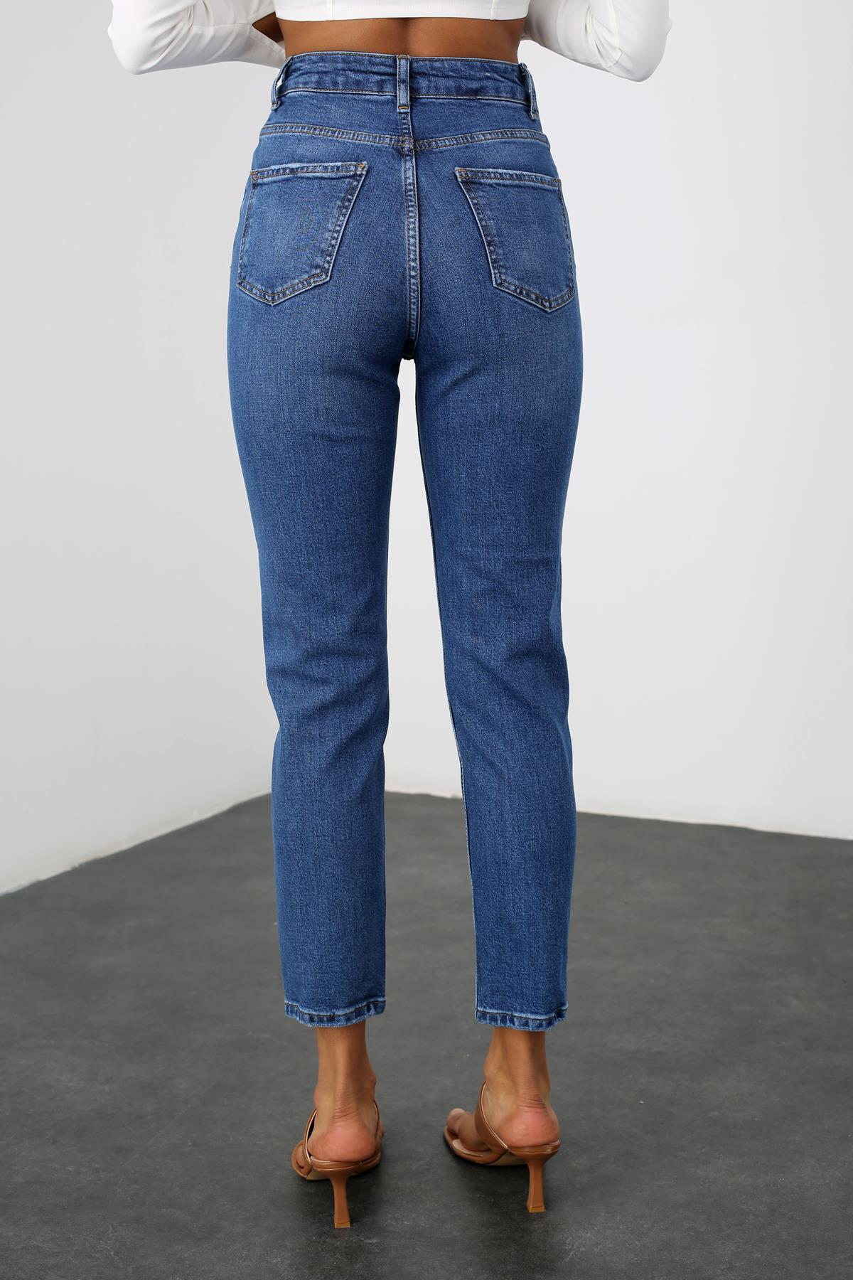 Lacivert Yüksek Bel Mom Fit Jean 