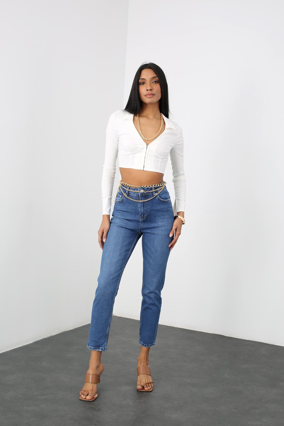 Lacivert Yüksek Bel Mom Fit Jean 