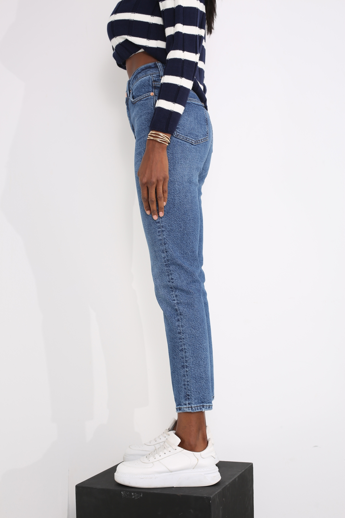 Lacivert Yüksek Bel Mom Fit Jean 2701