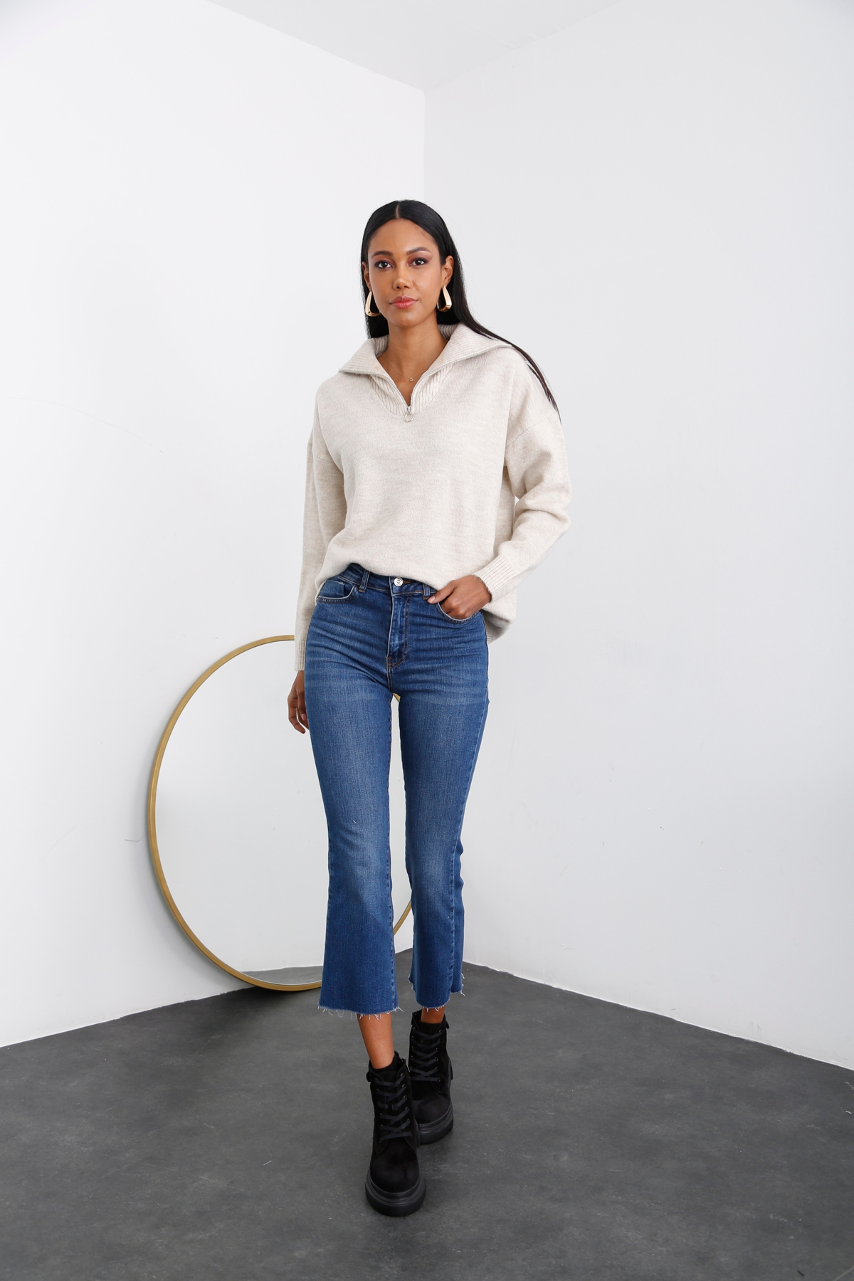 Lacivert Yüksek Bel Slim Flare Jean 929