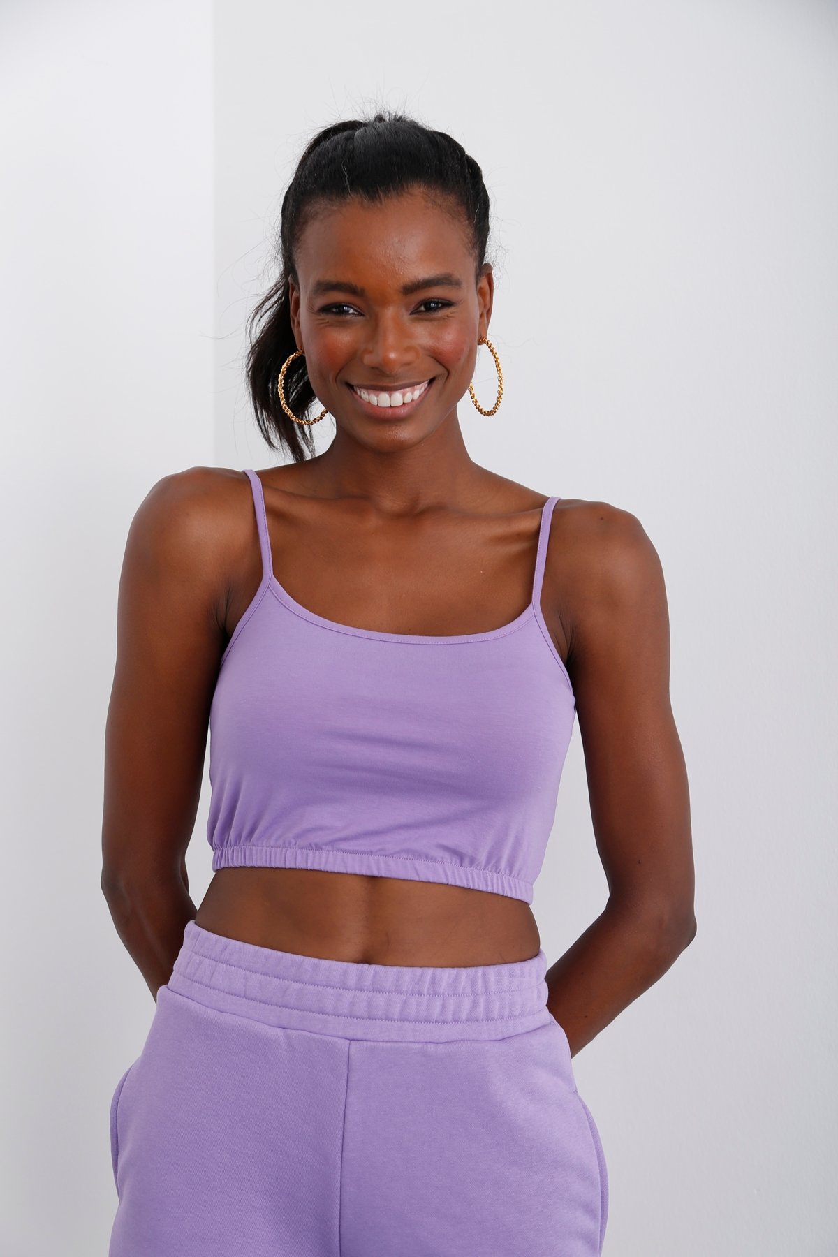 Lila Beli Lastikli Crop 