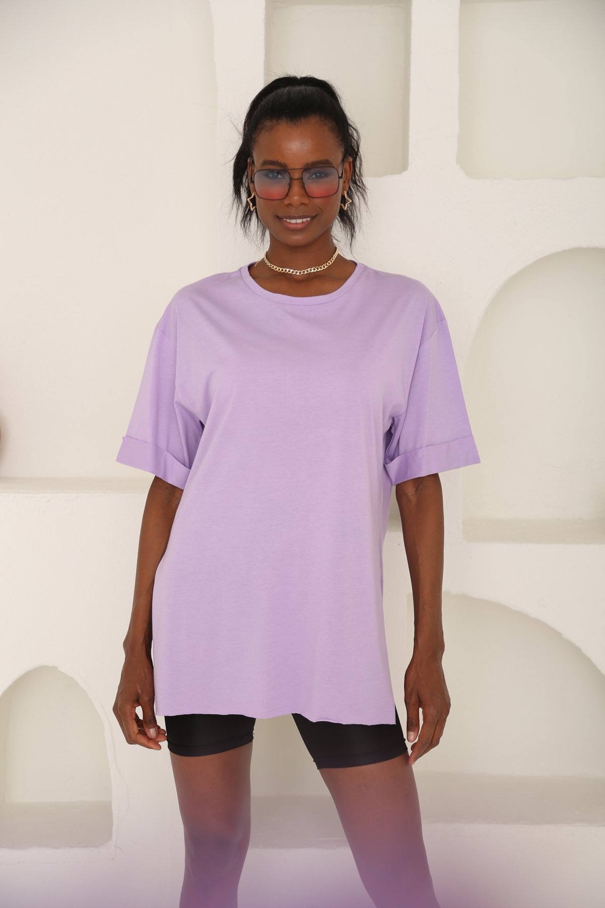 Lila Yırtmaçlı Duble Kol Tshirt 3158