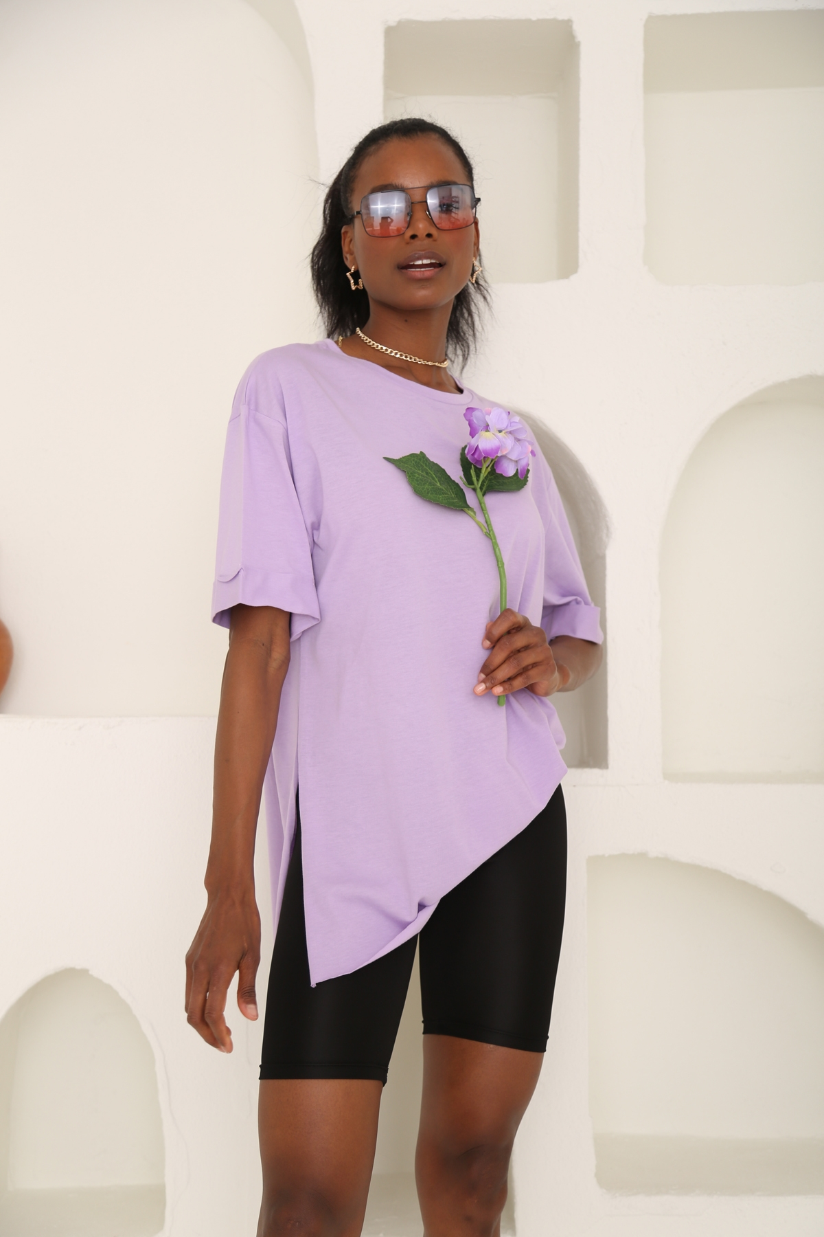 Lila Yırtmaçlı Duble Kol Tshirt 3158