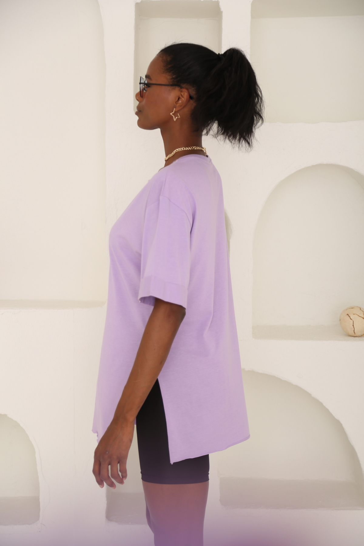 Lila Yırtmaçlı Duble Kol Tshirt 3158
