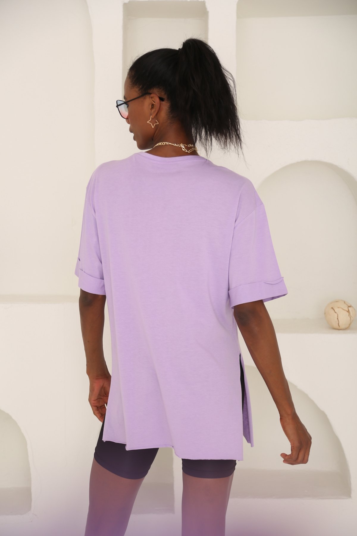 Lila Yırtmaçlı Duble Kol Tshirt 3158