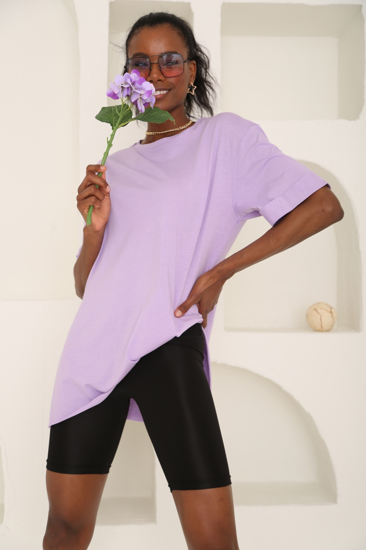 Lila Yırtmaçlı Duble Kol Tshirt 3158