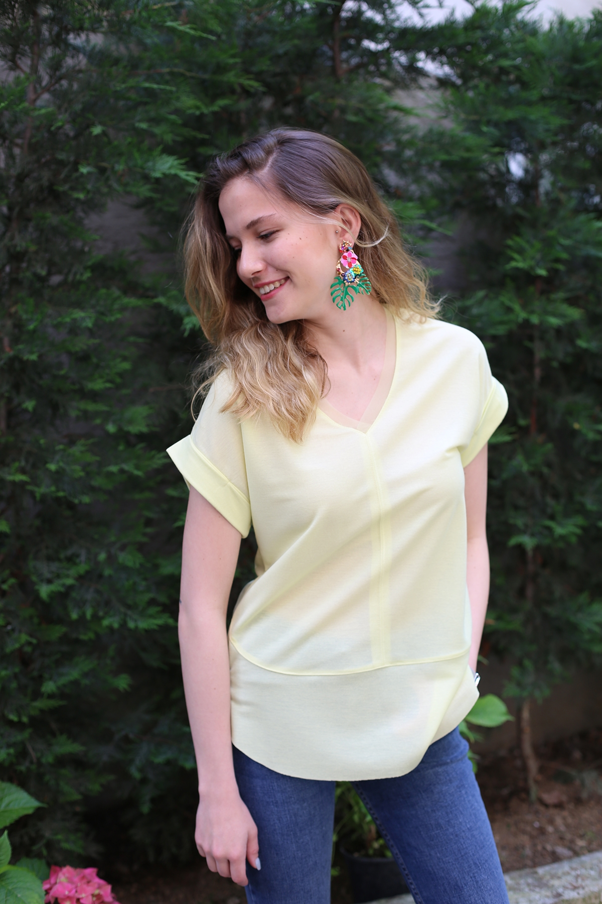 Lime Yakası Tüllü Tshirt