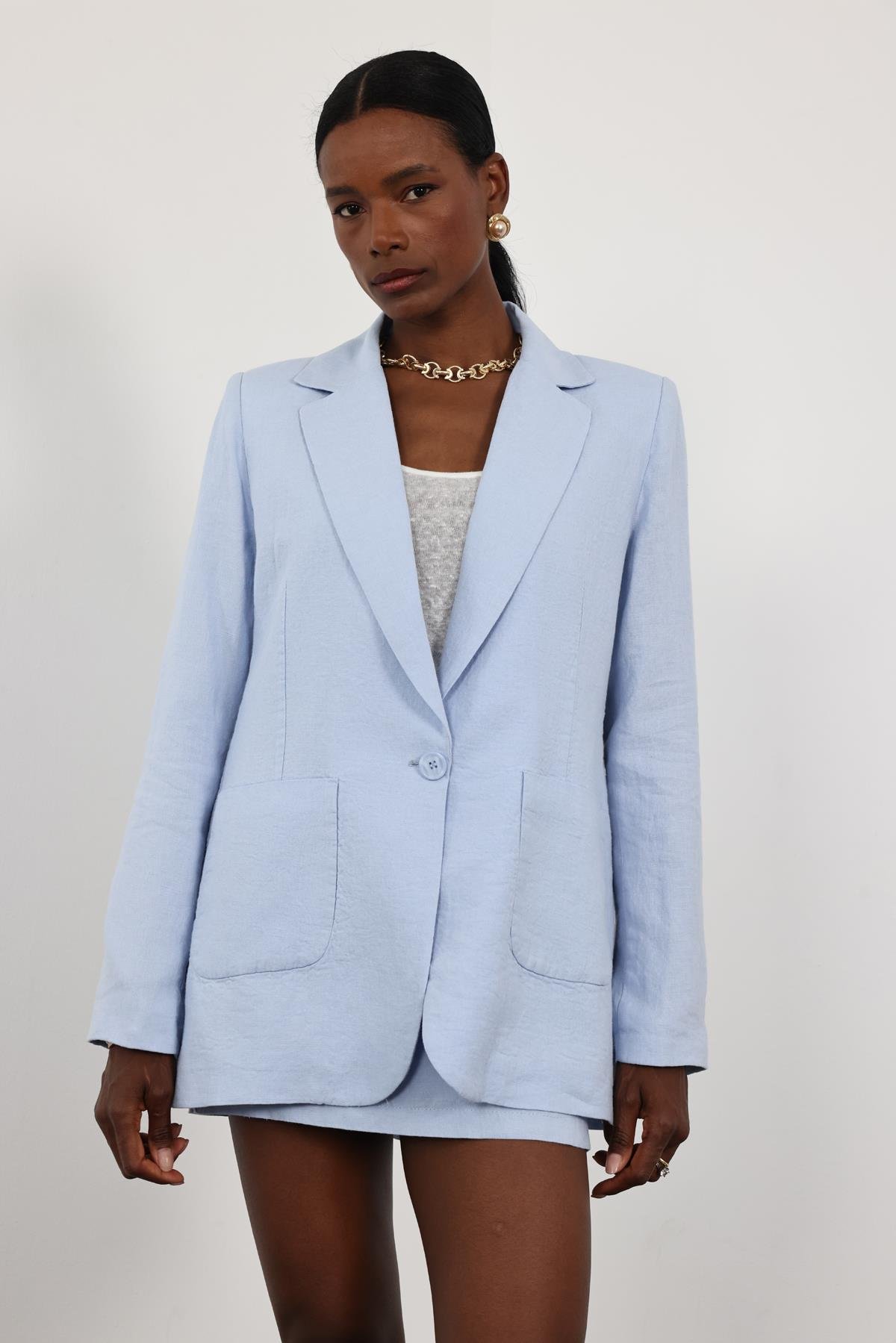 Mavi %100 Ham Keten Ceket 