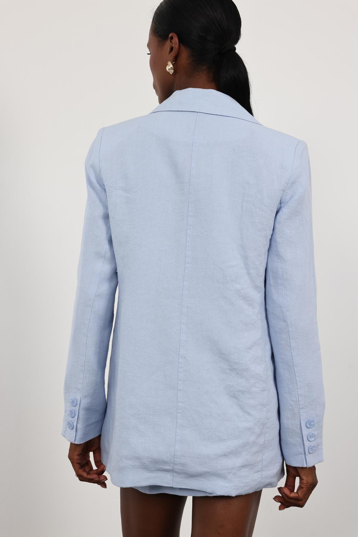 Mavi %100 Ham Keten Ceket 