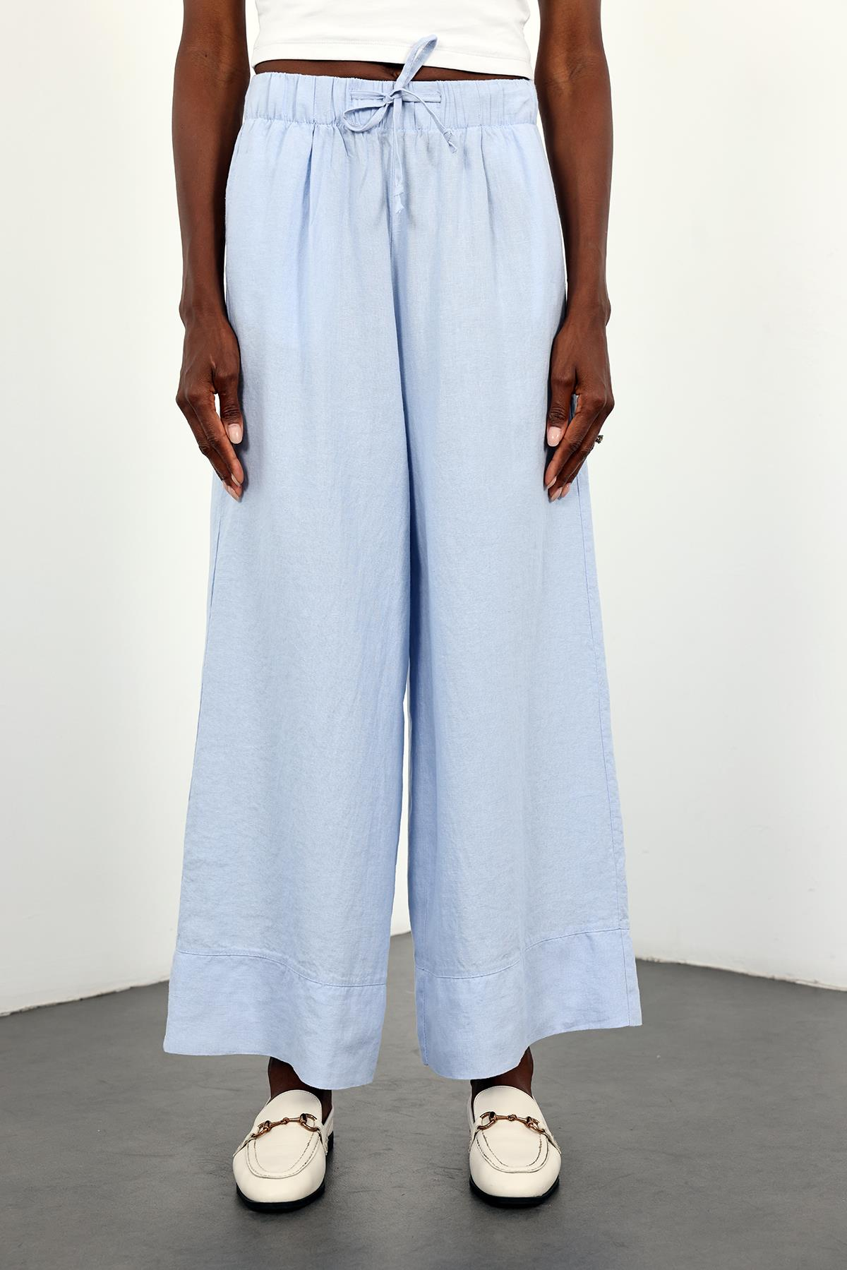 Mavi %100 Keten Beli Lastikli Pantolon 