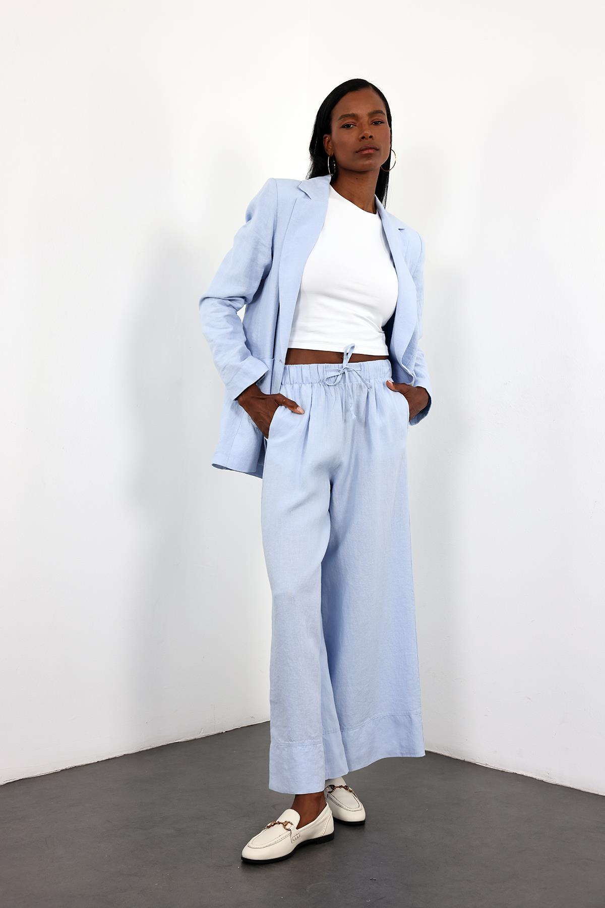 Mavi %100 Keten Beli Lastikli Pantolon 