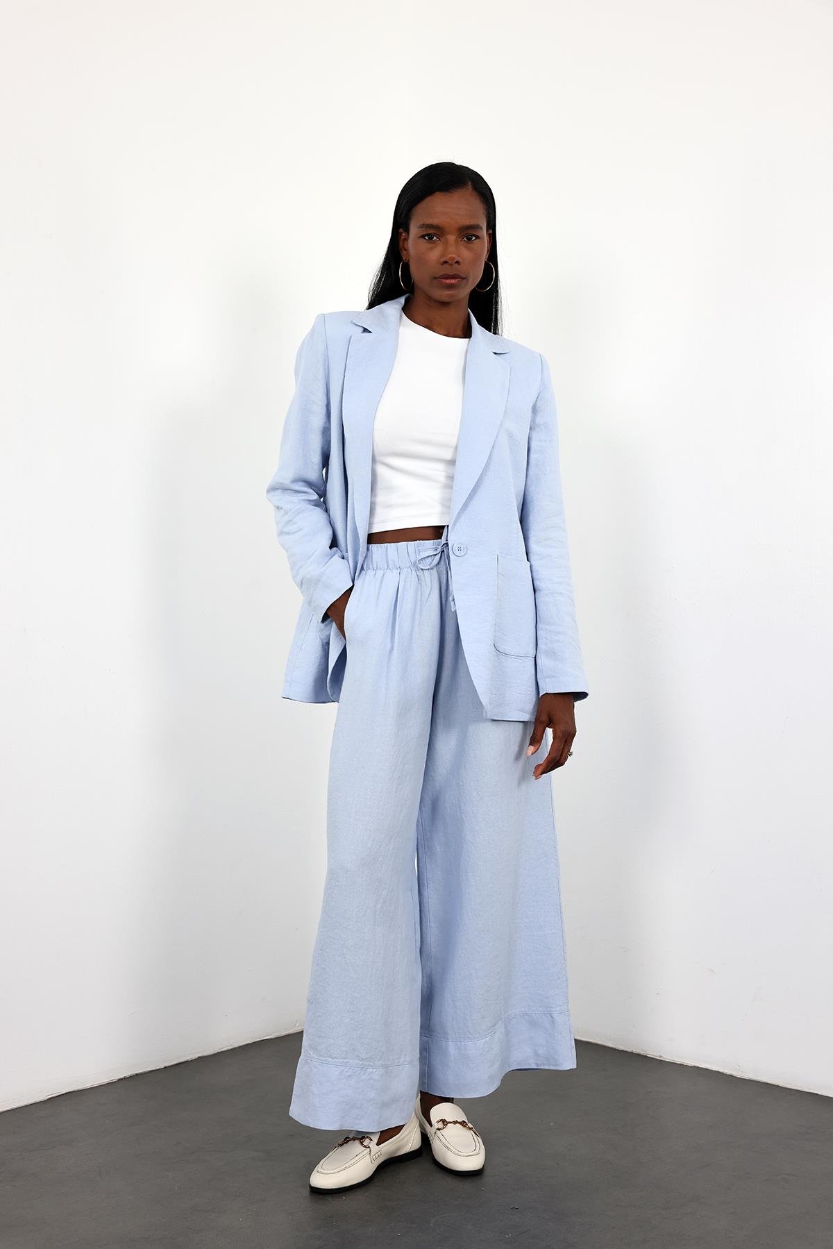 Mavi %100 Keten Beli Lastikli Pantolon 