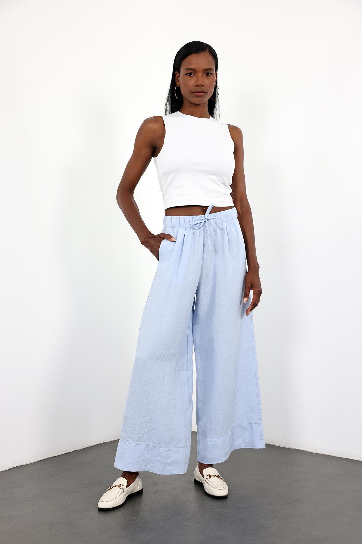 Mavi %100 Keten Beli Lastikli Pantolon 