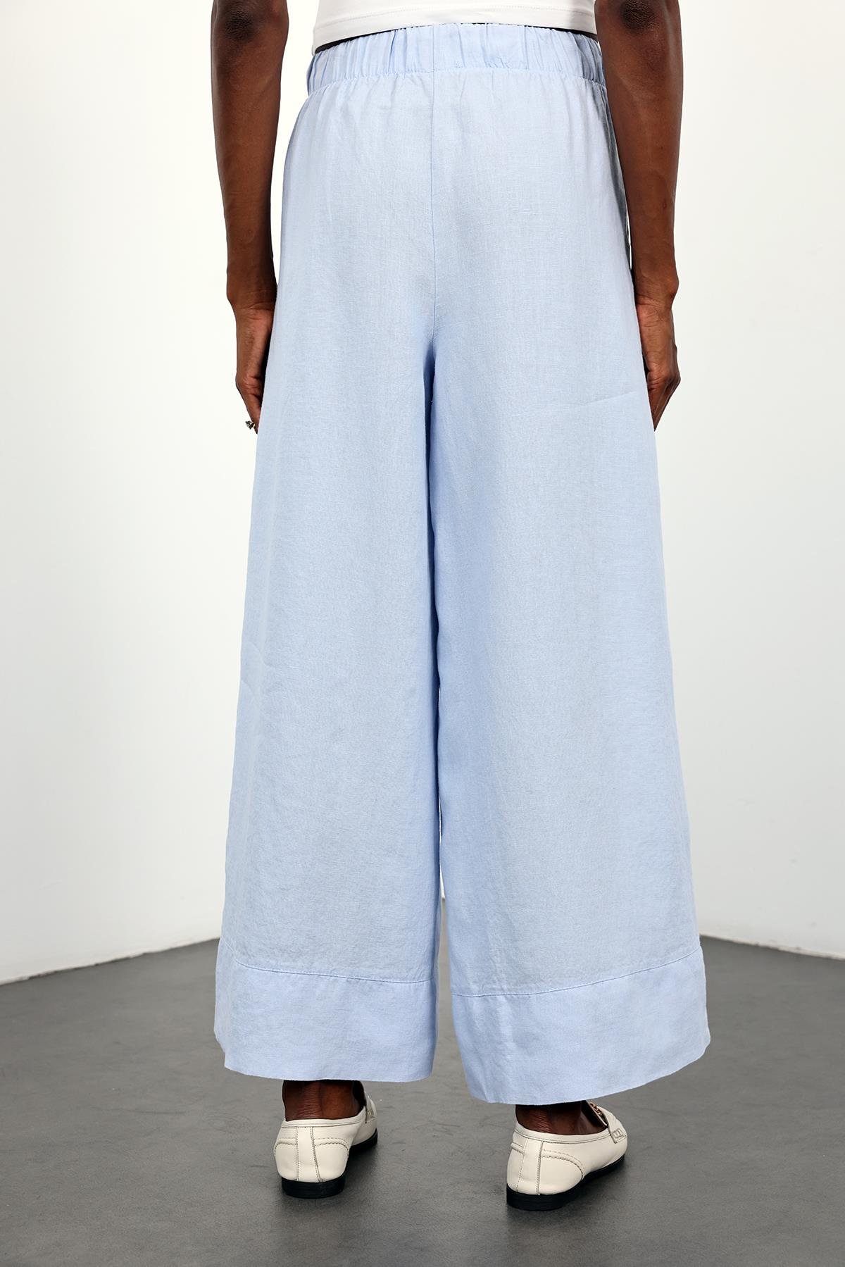 Mavi %100 Keten Beli Lastikli Pantolon 