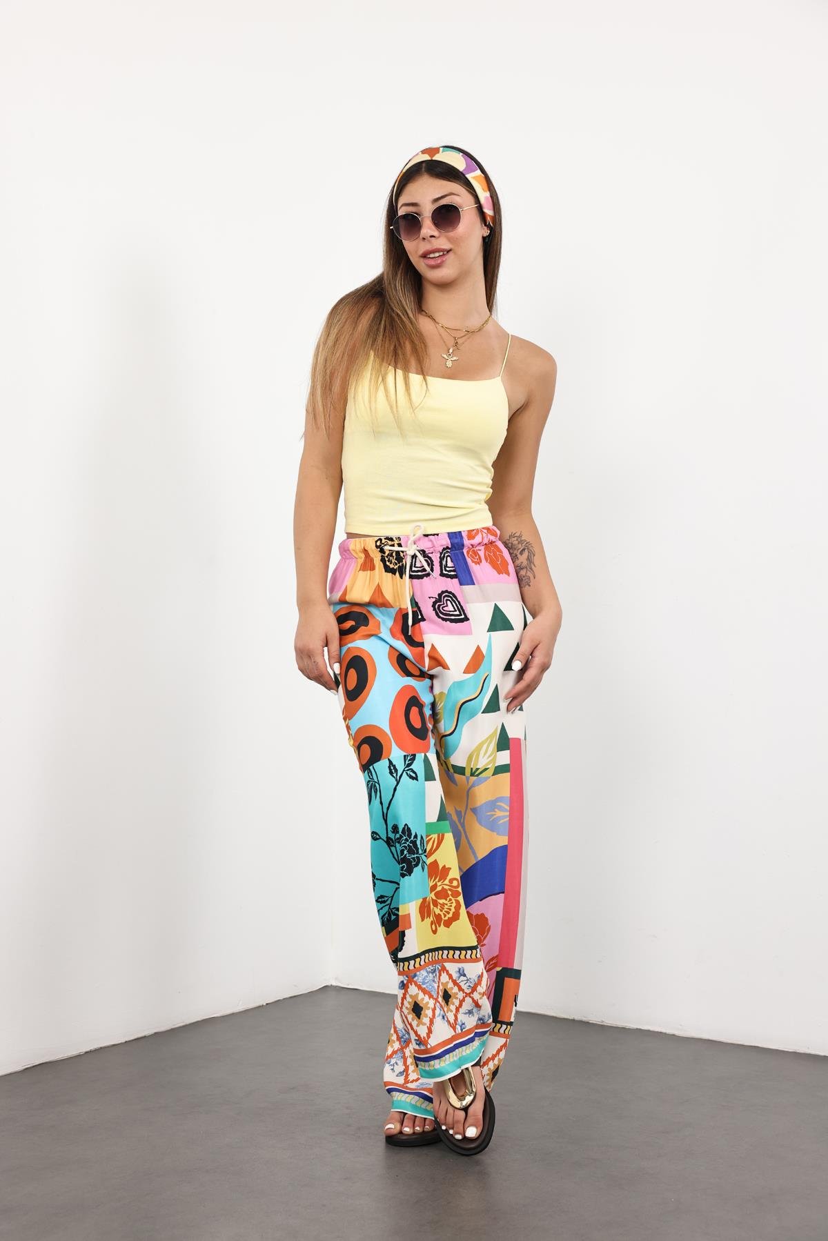 Mavi Beli Lastikli Desenli Saten Pantolon 29725