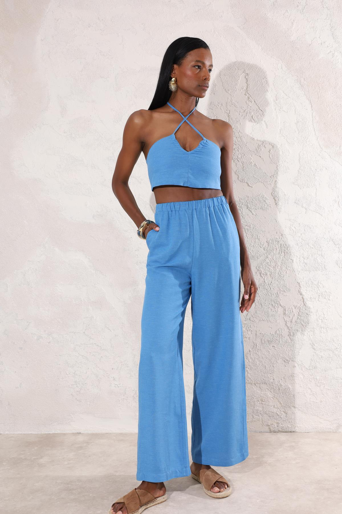Mavi Boyundan Bağlamalı Crop Pantolon Takım 1238