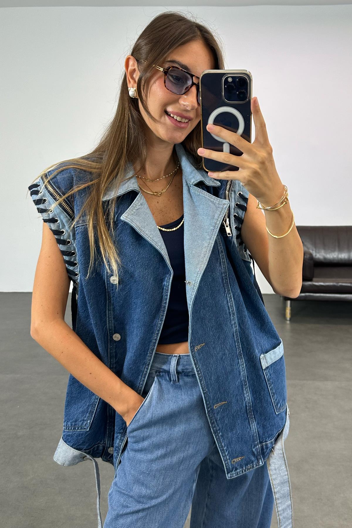 Mavi Çift Renk Denim Yelek 0032