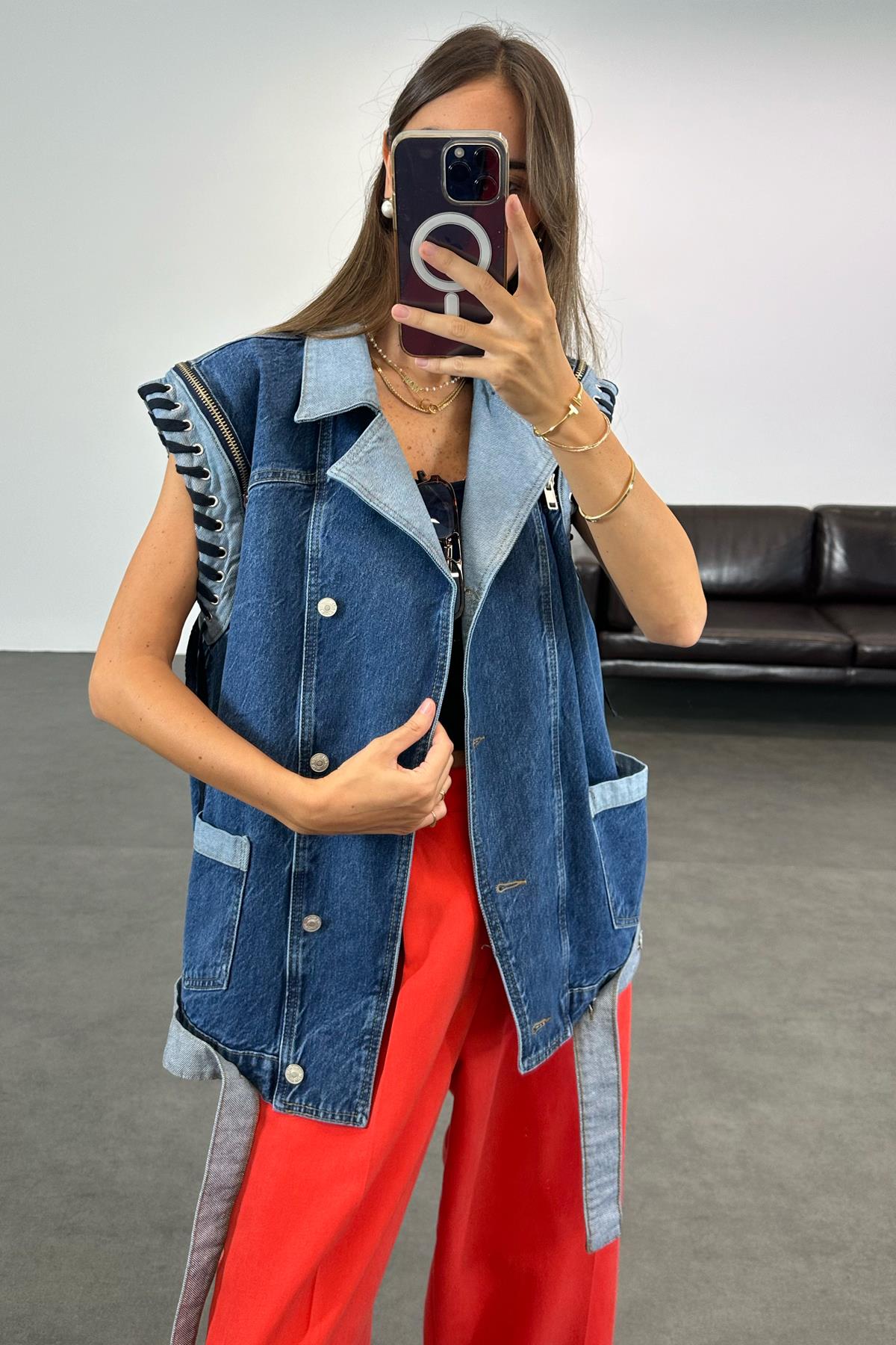 Mavi Çift Renk Denim Yelek 0032