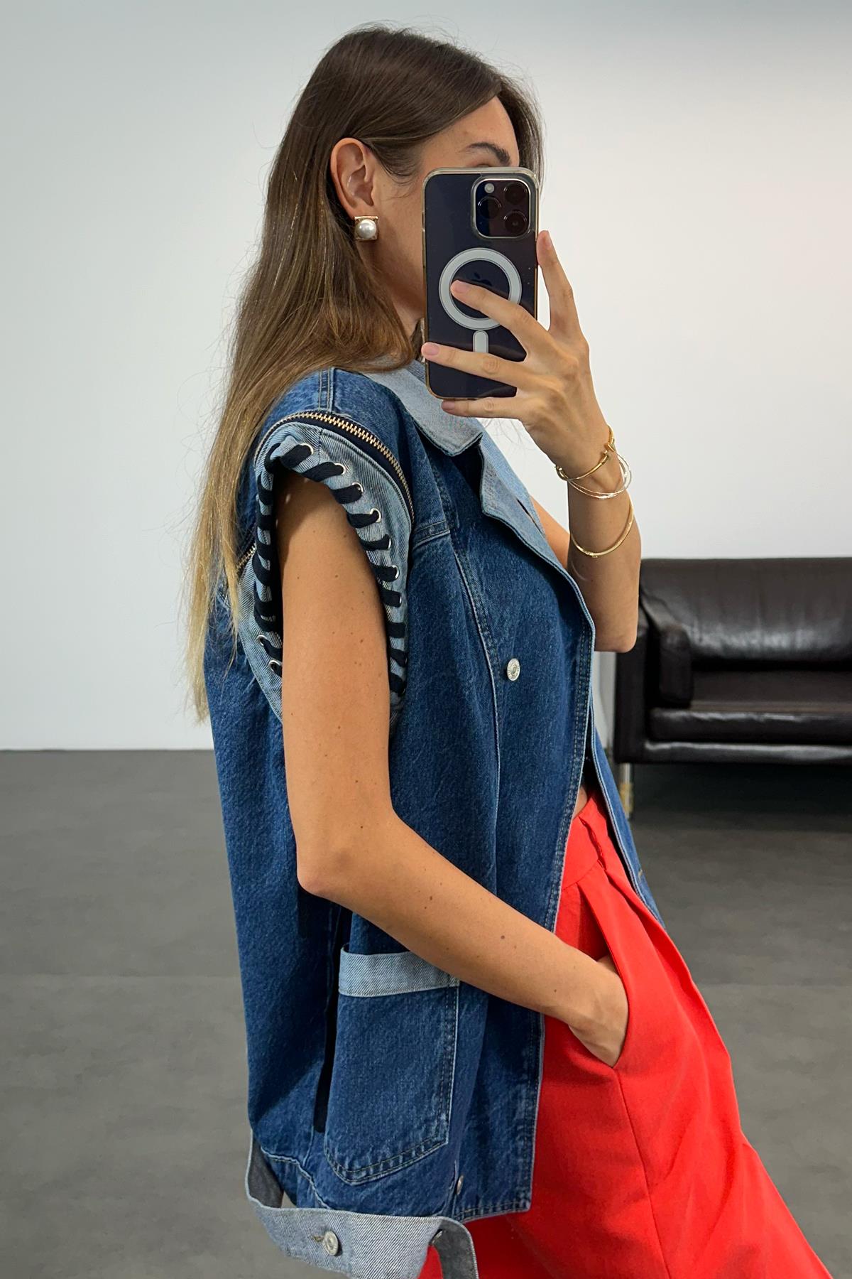 Mavi Çift Renk Denim Yelek 0032