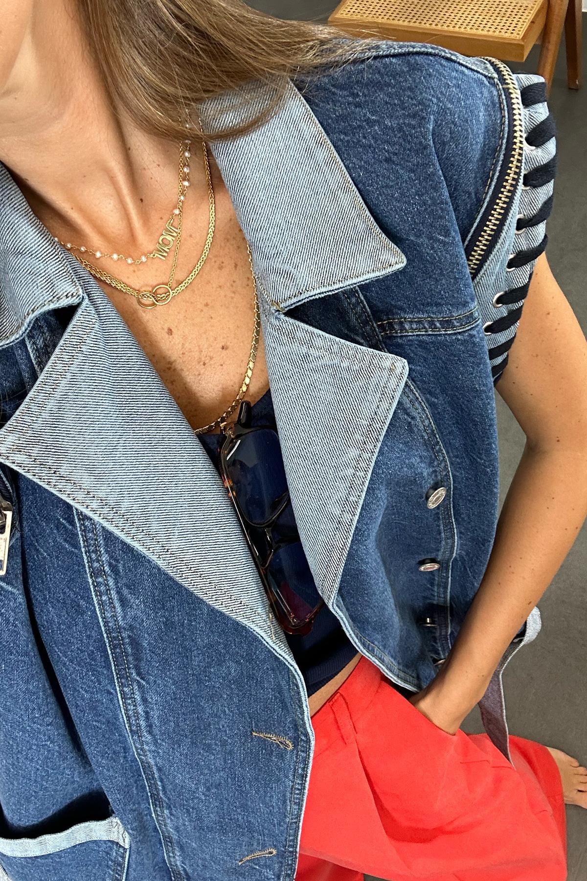 Mavi Çift Renk Denim Yelek 0032