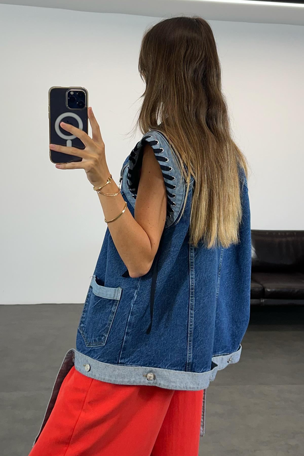 Mavi Çift Renk Denim Yelek 0032