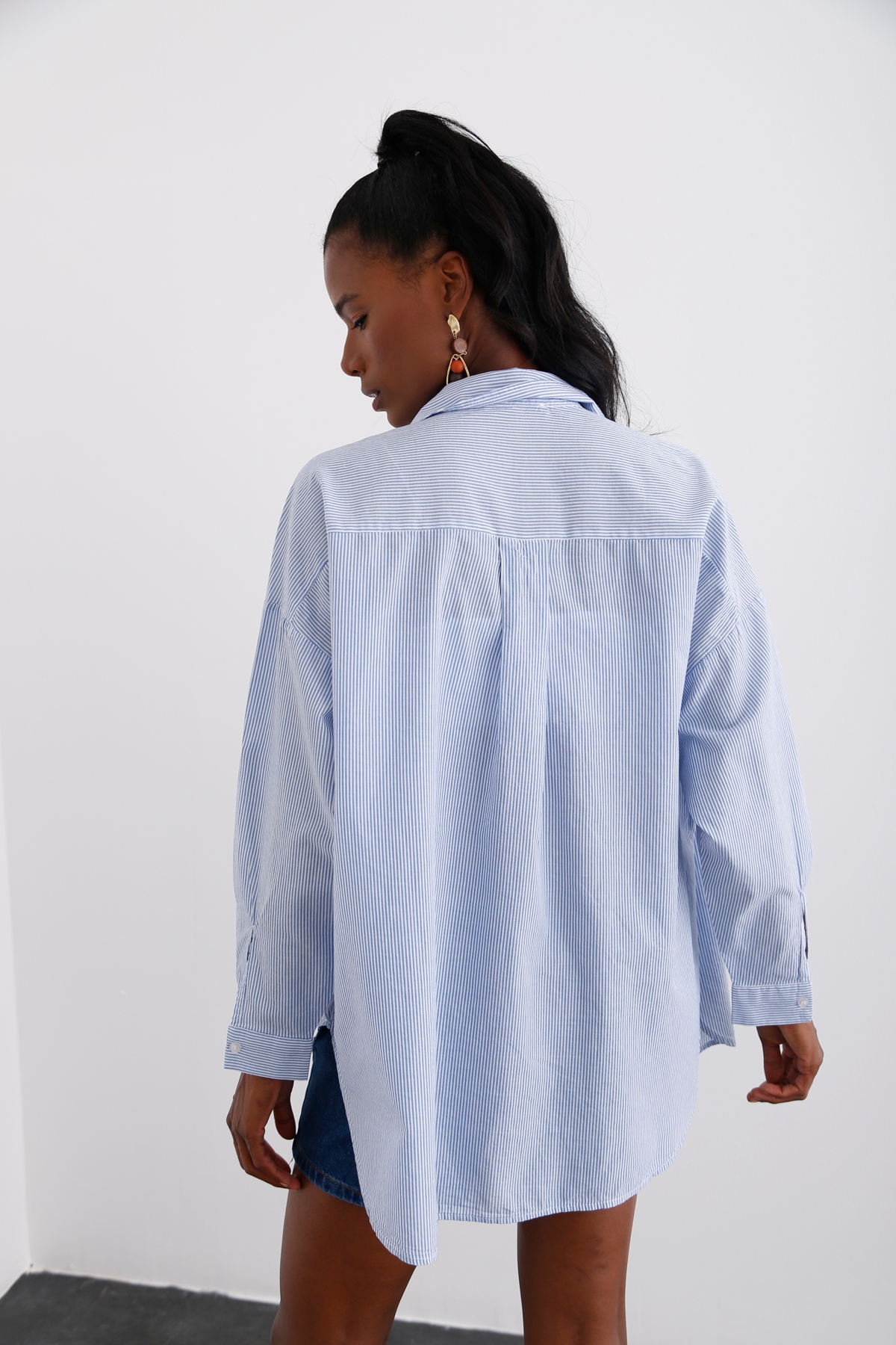 Mavi Çizgili Oversize Gömlek 3932