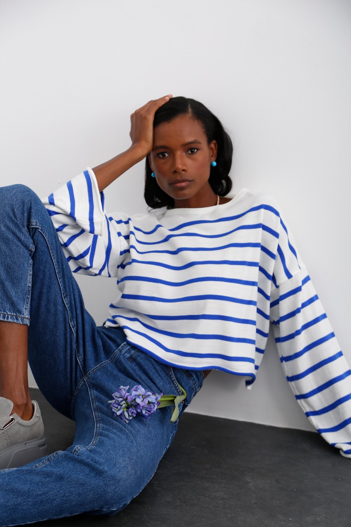 Mavi Çizgili Oversize Triko 24020