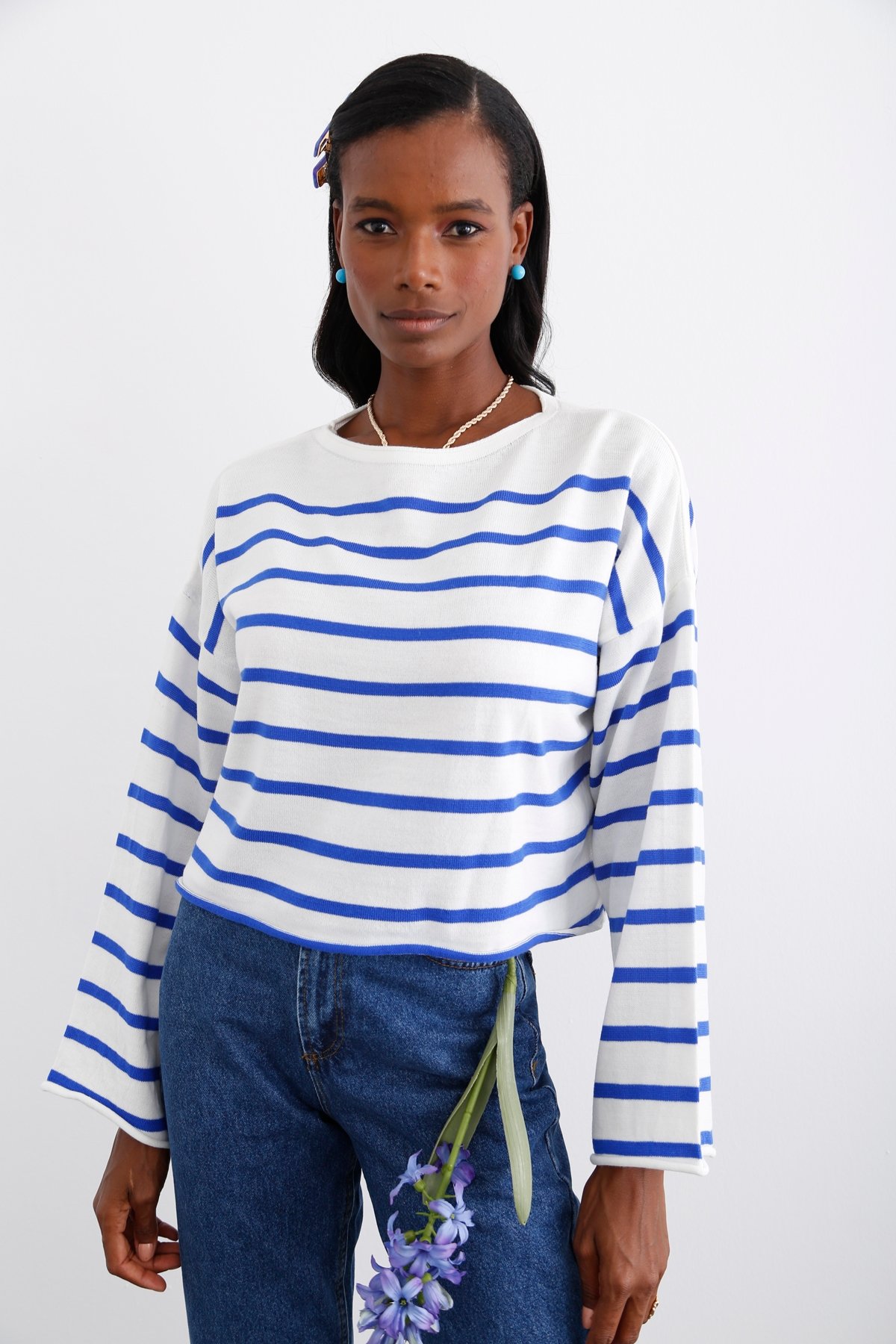 Mavi Çizgili Oversize Triko 24020