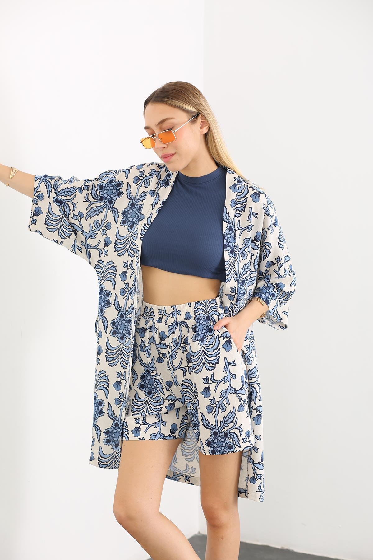 Mavi Desenli Şortlu Kimono Takım 2212