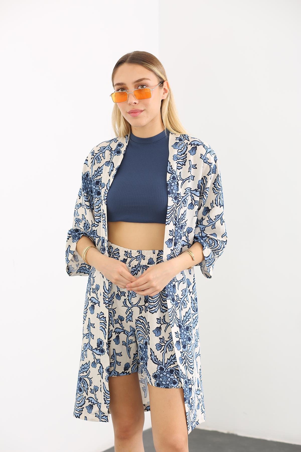 Mavi Desenli Şortlu Kimono Takım 2212