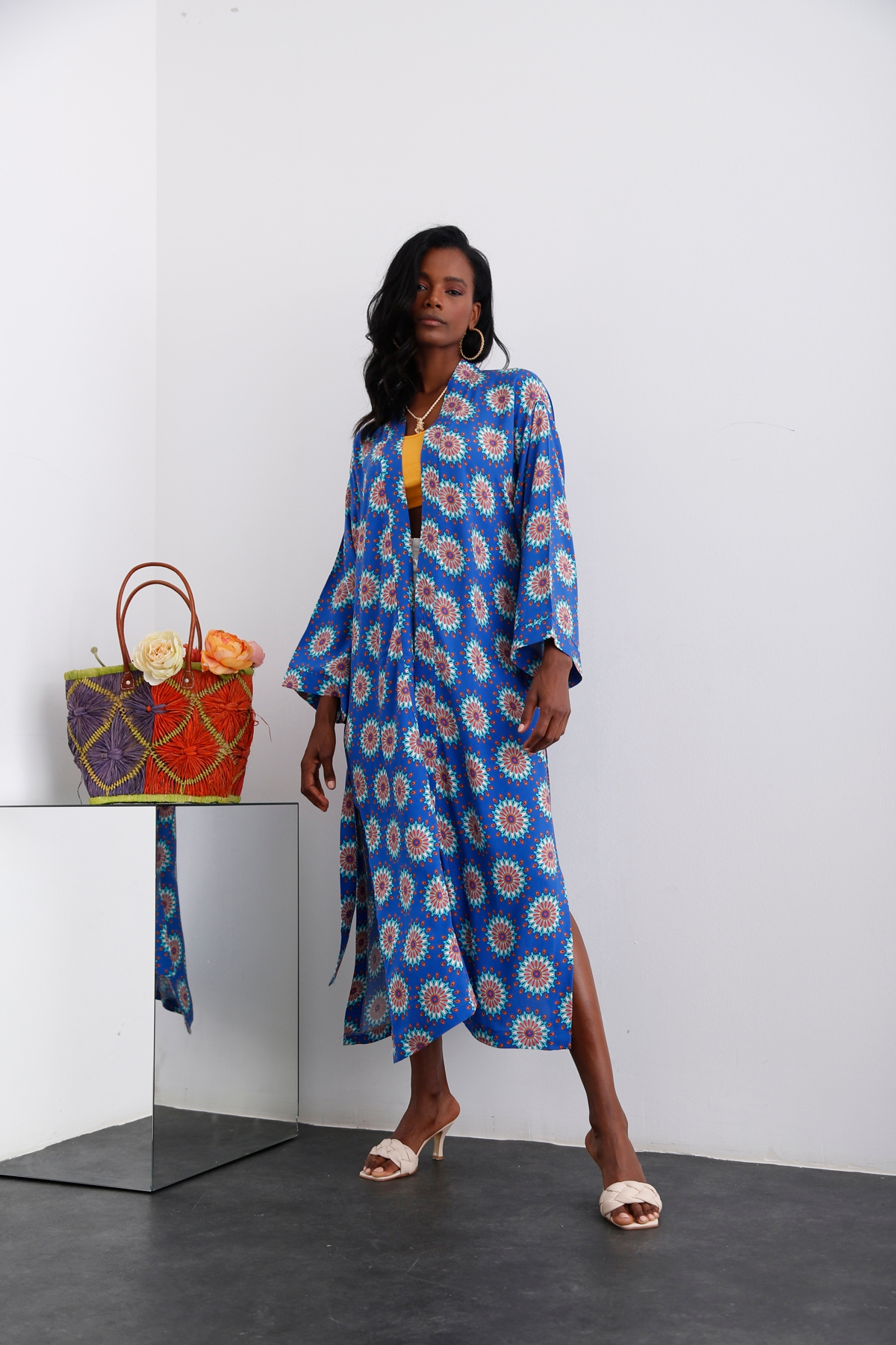 Mavi Desenli Yırtmaçlı Kimono 0733