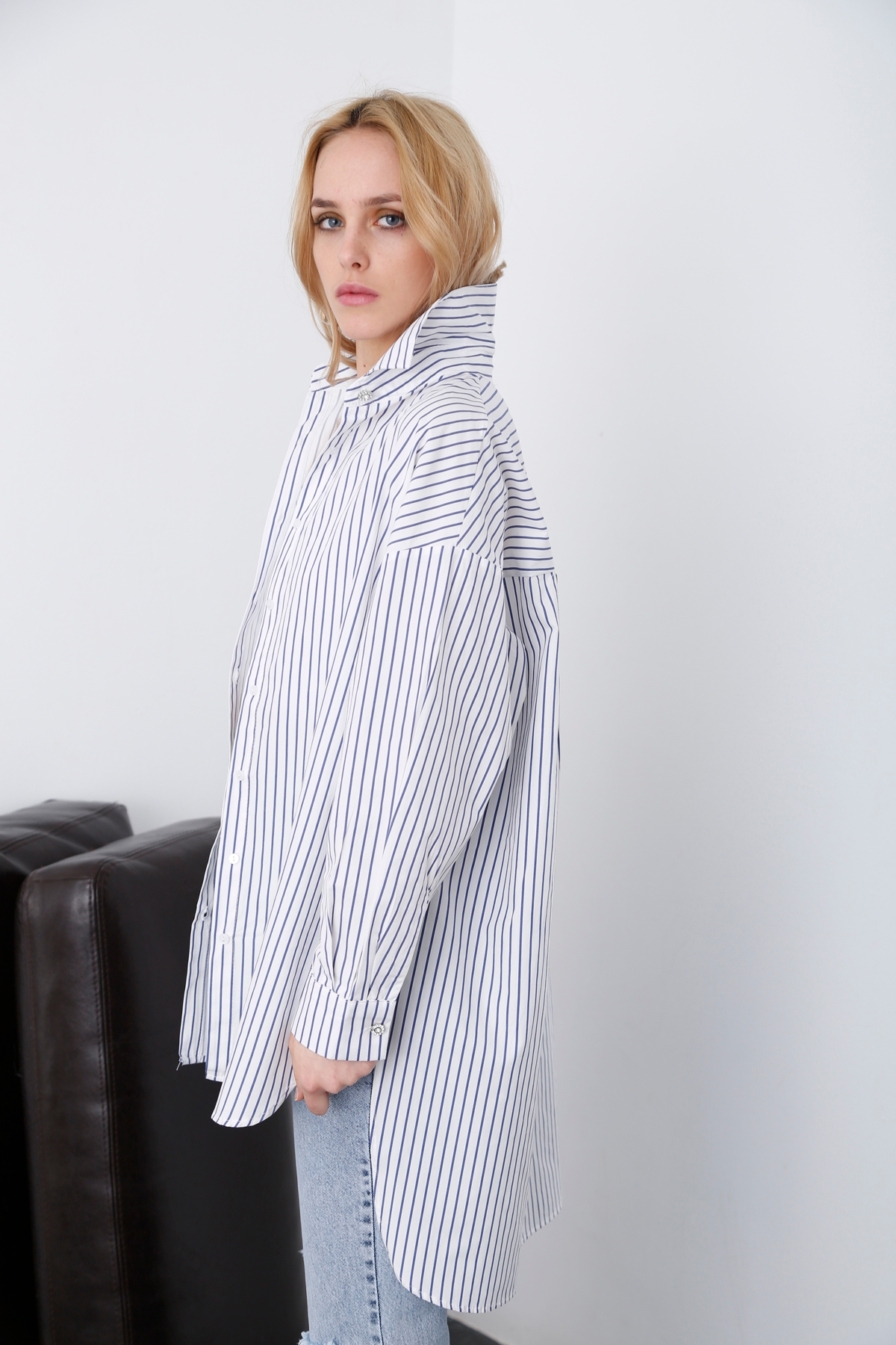 Mavi Oversize Çizgili Gömlek 