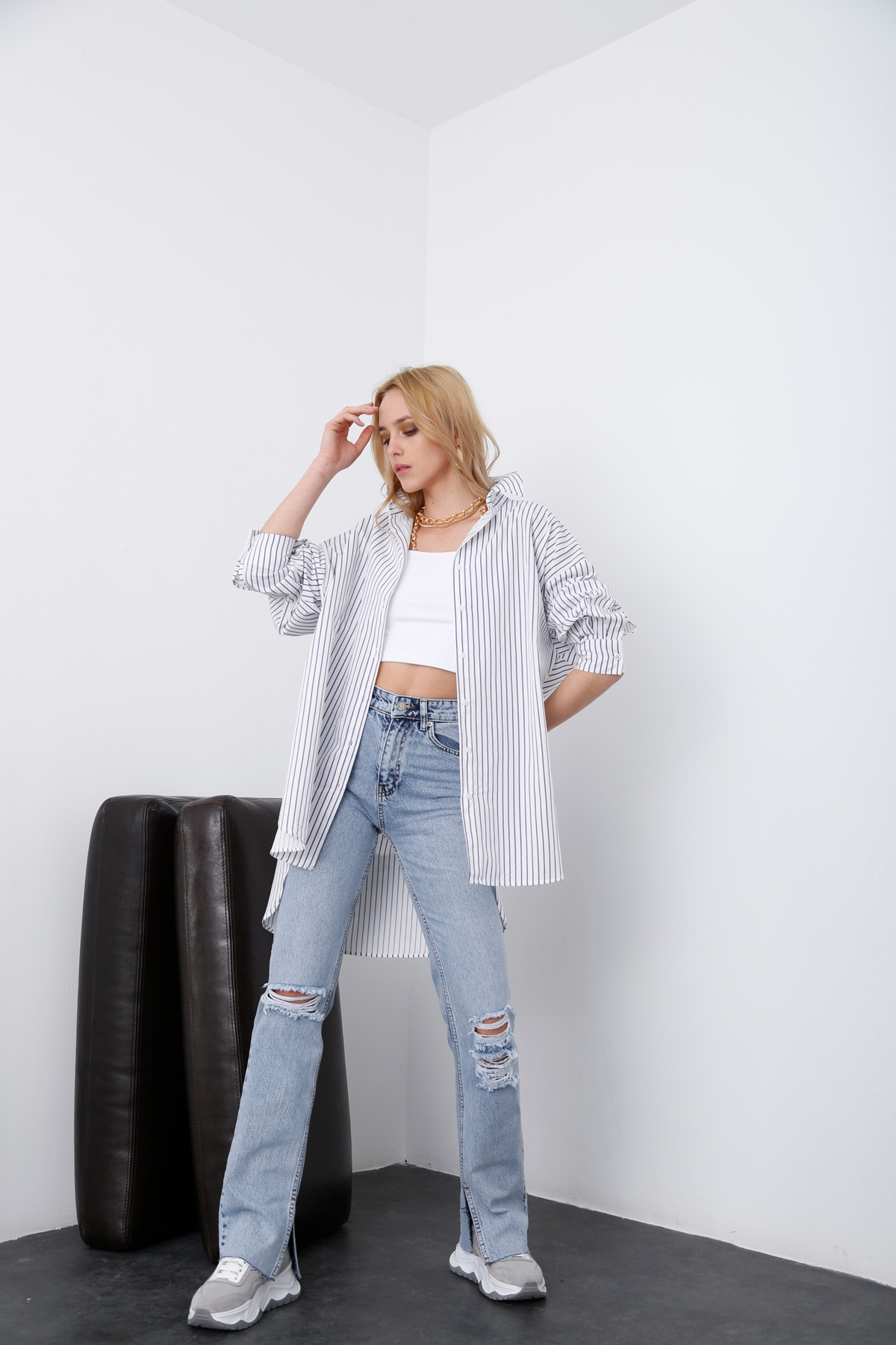 Mavi Oversize Çizgili Gömlek 