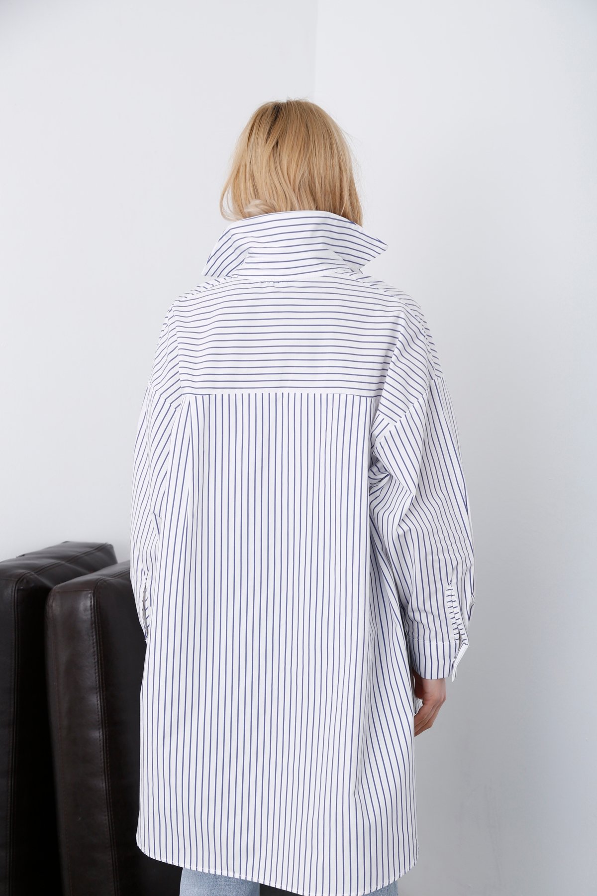 Mavi Oversize Çizgili Gömlek 