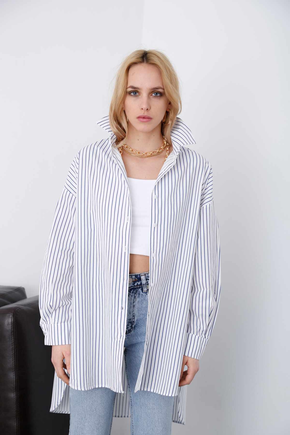 Mavi Oversize Çizgili Gömlek 