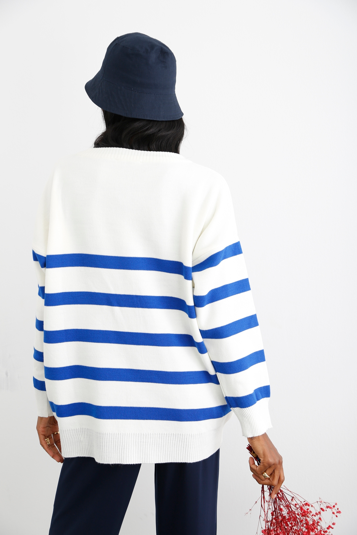 Mavi Oversize Çizgili Triko 4054