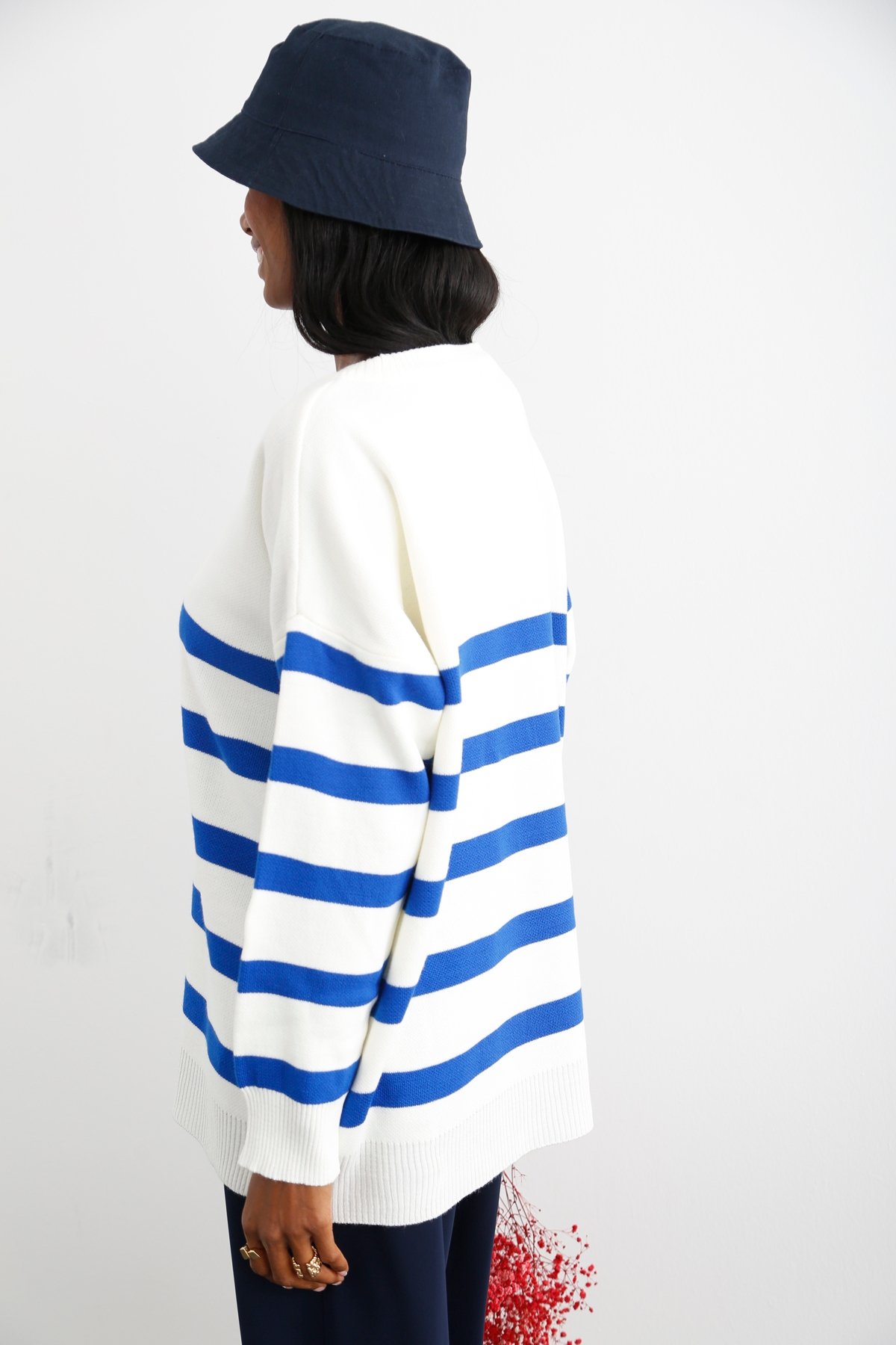 Mavi Oversize Çizgili Triko 4054