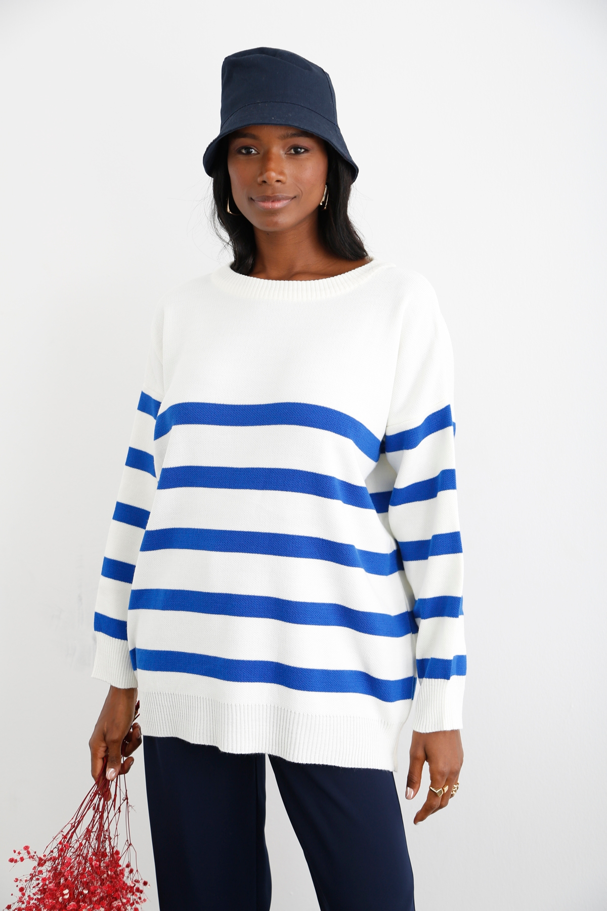 Mavi Oversize Çizgili Triko 4054