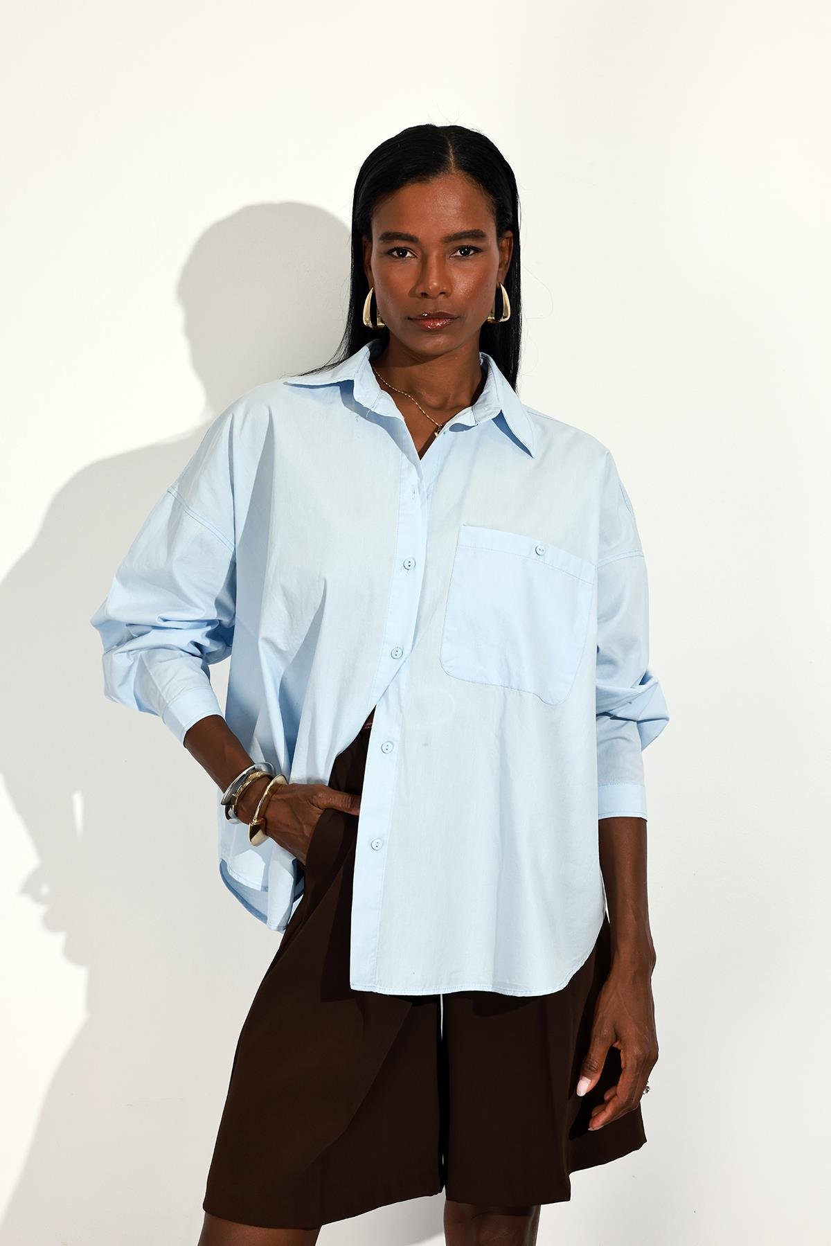 Mavi Oversize Poplin Gömlek 4008