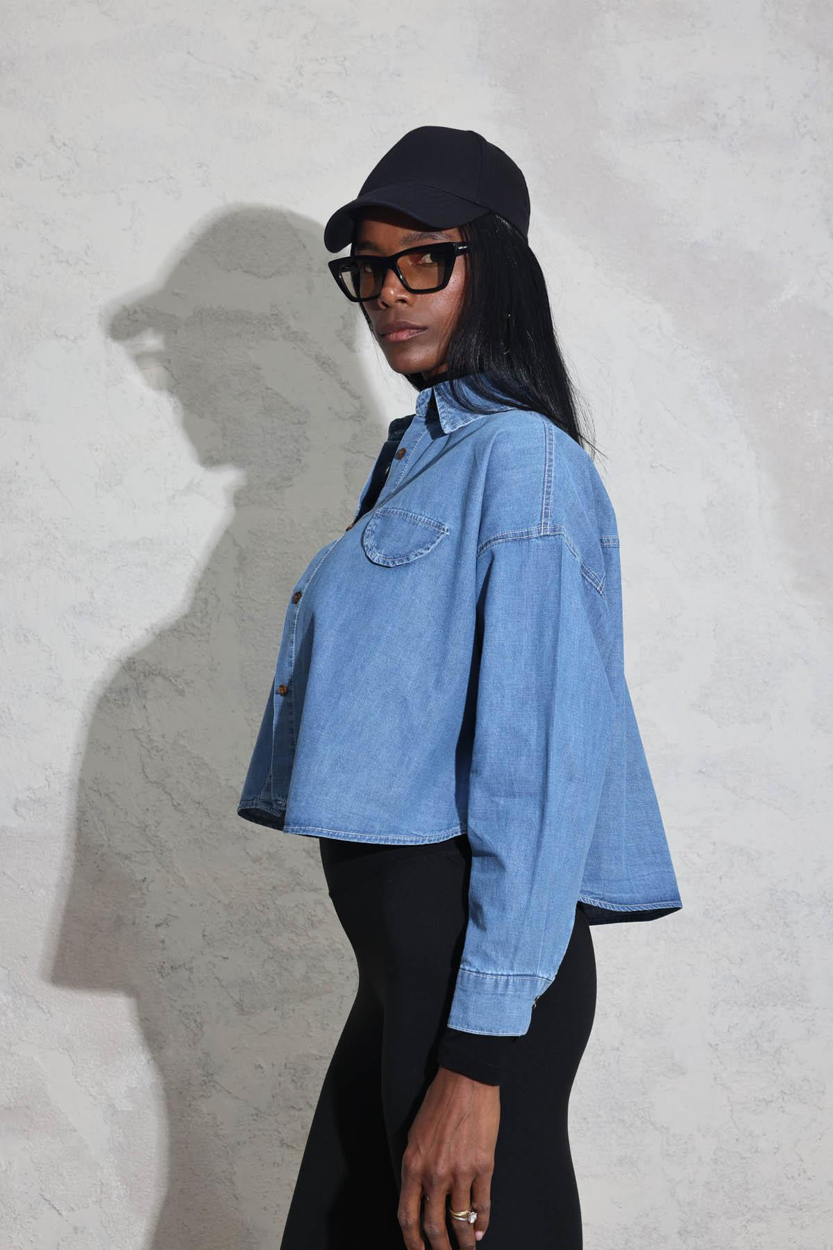 Mavi Süs Cepli Oversize Denim Gömlek 91642