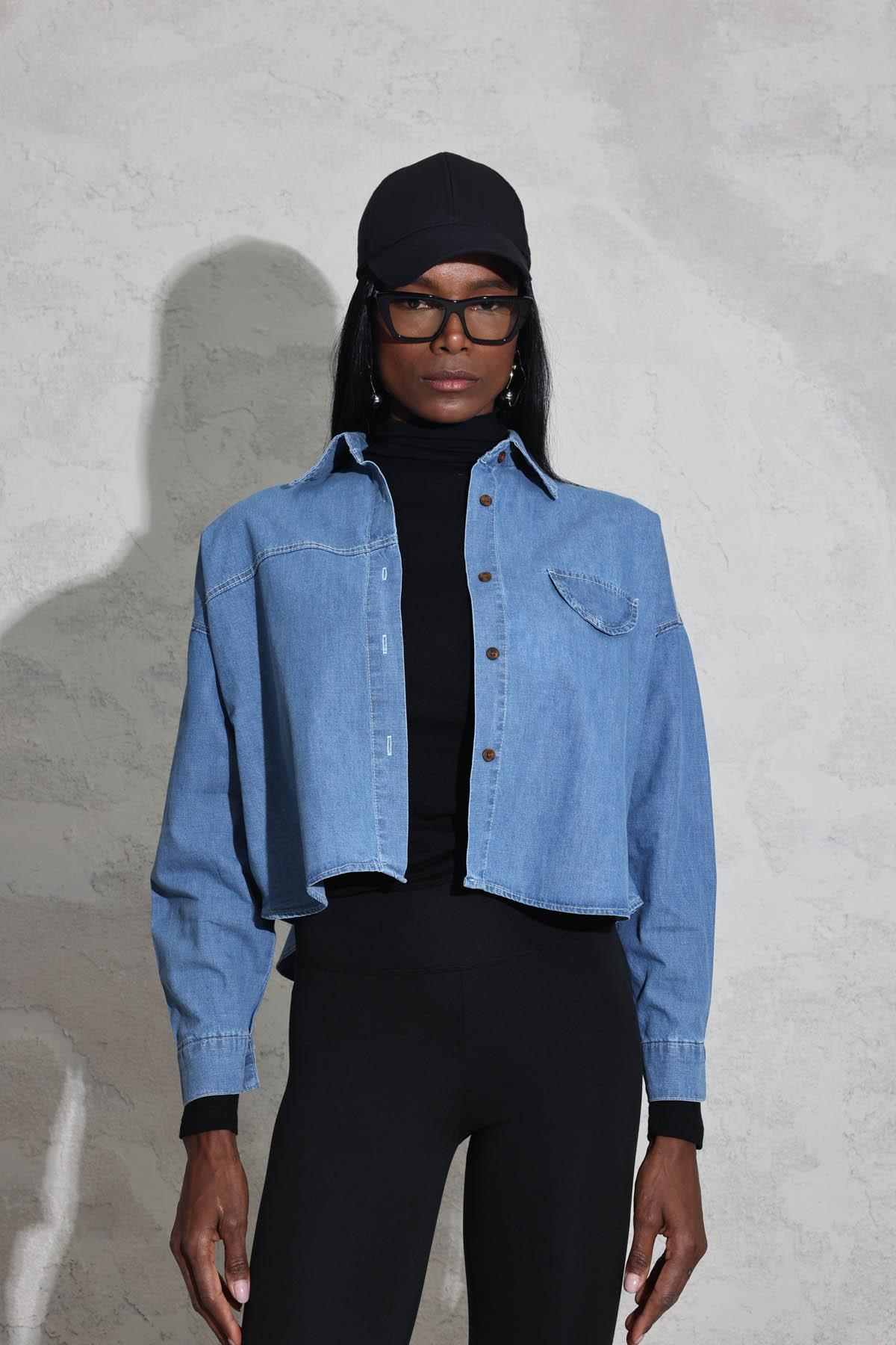 Mavi Süs Cepli Oversize Denim Gömlek 91642